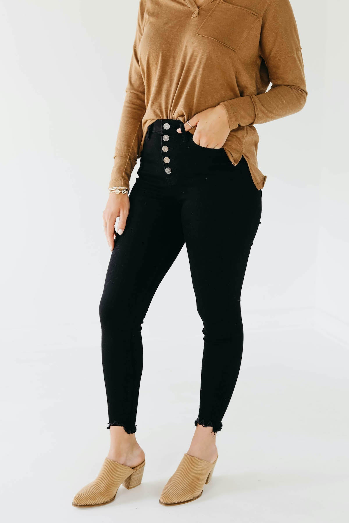 Kan Can 11 Inch High Rise Button Skinny Denim - KC7273BK