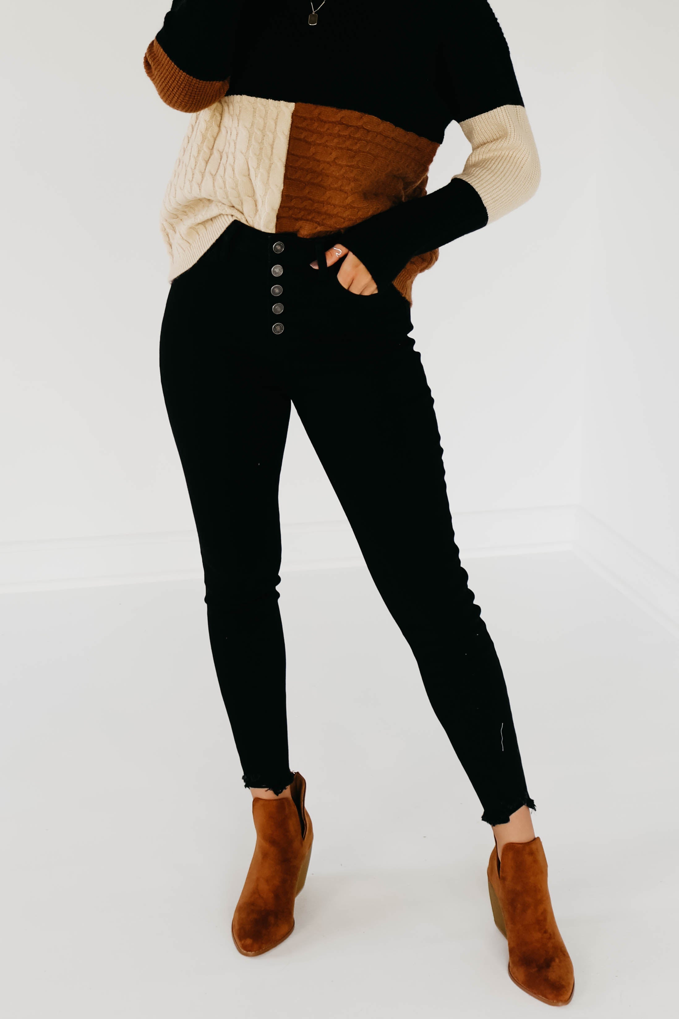 Kan Can 11 Inch High Rise Button Skinny Denim - KC7273BK