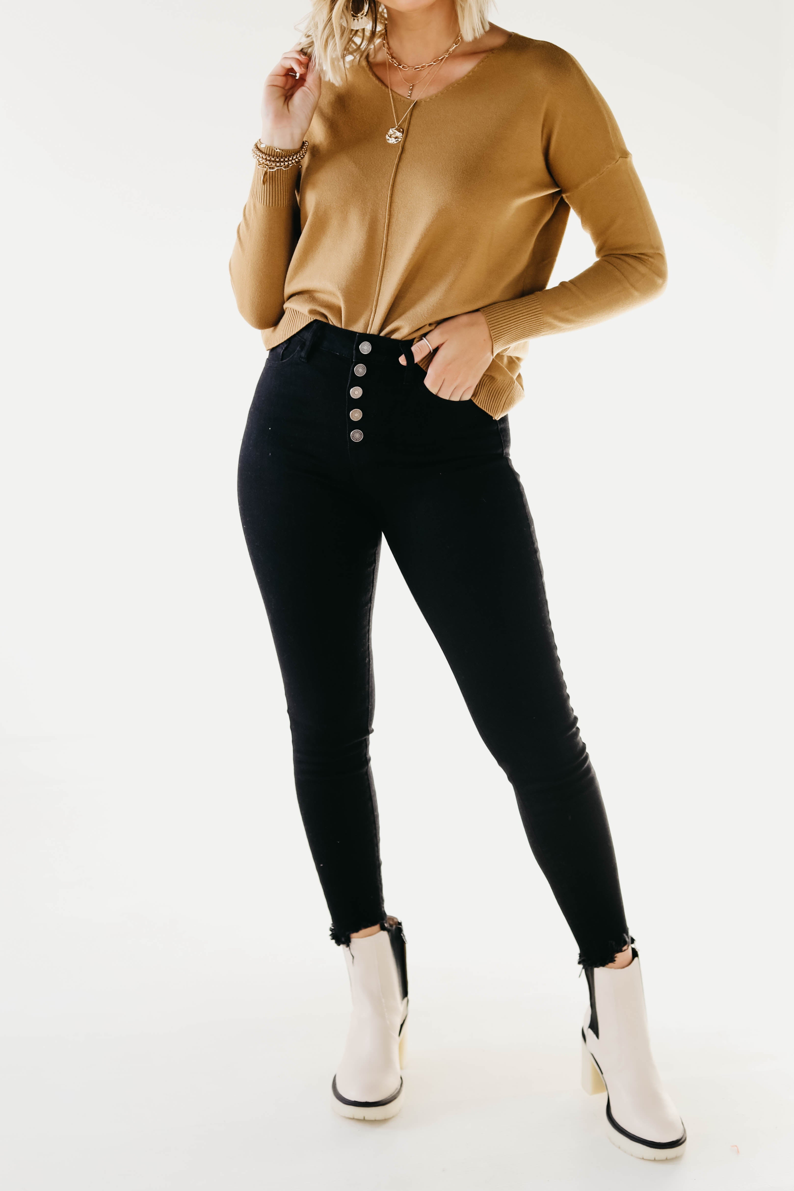 Kan Can 11 Inch High Rise Button Skinny Denim - KC7273BK