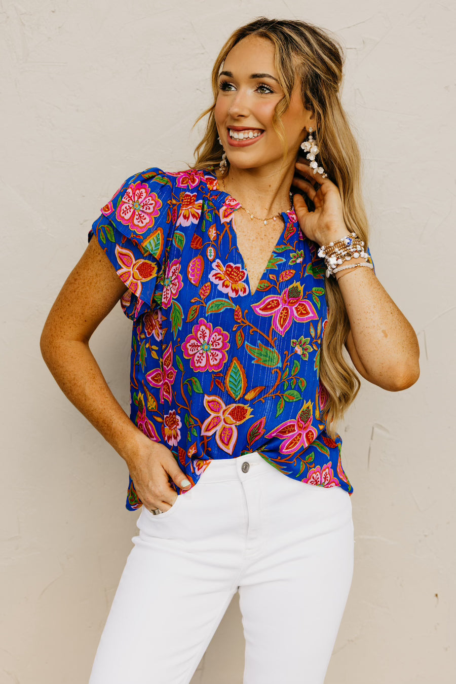 The Elle Floral Ruffle Tie Neck Blouse
