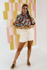 The Mikayla Puff Button Back Watercolor Print Blouse - FINAL SALE