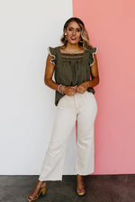 The Riven Striped Embroidered Ruffle Top