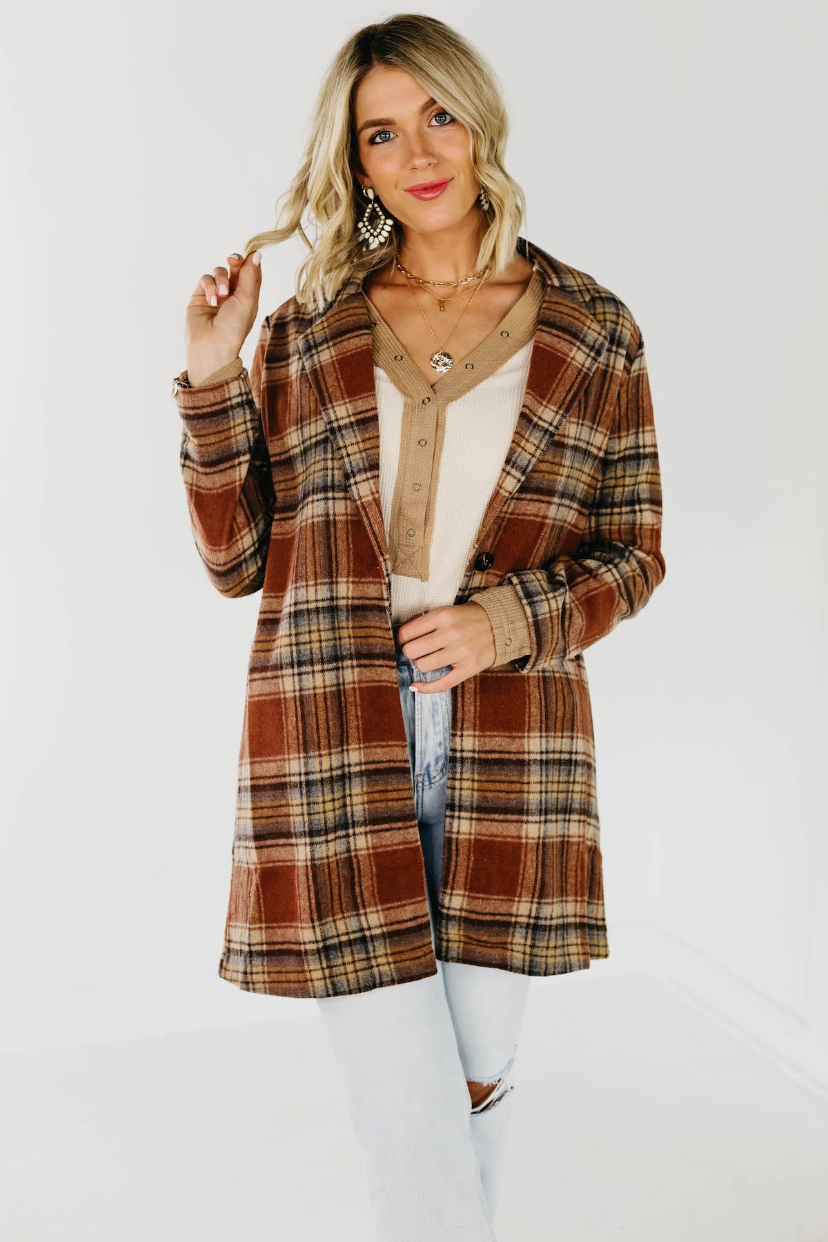The Shayla Longline Plaid Blazer Coat