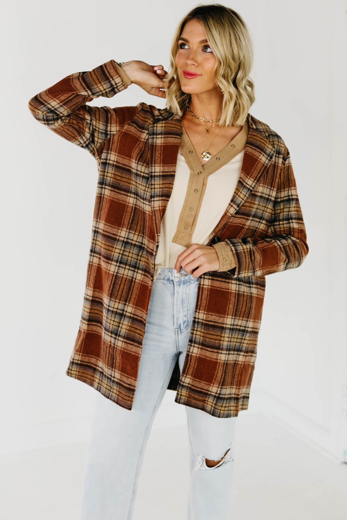 The Shayla Longline Plaid Blazer Coat