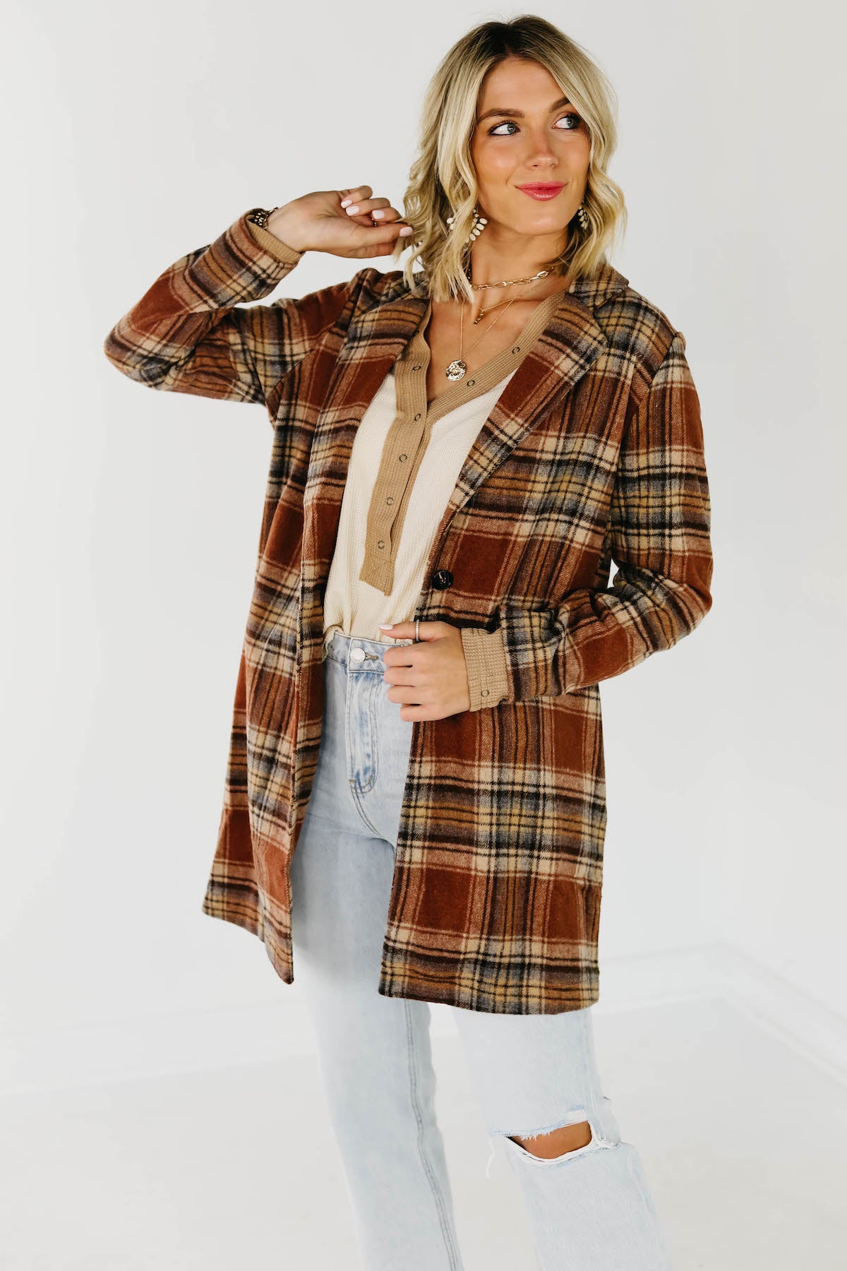 The Shayla Longline Plaid Blazer Coat