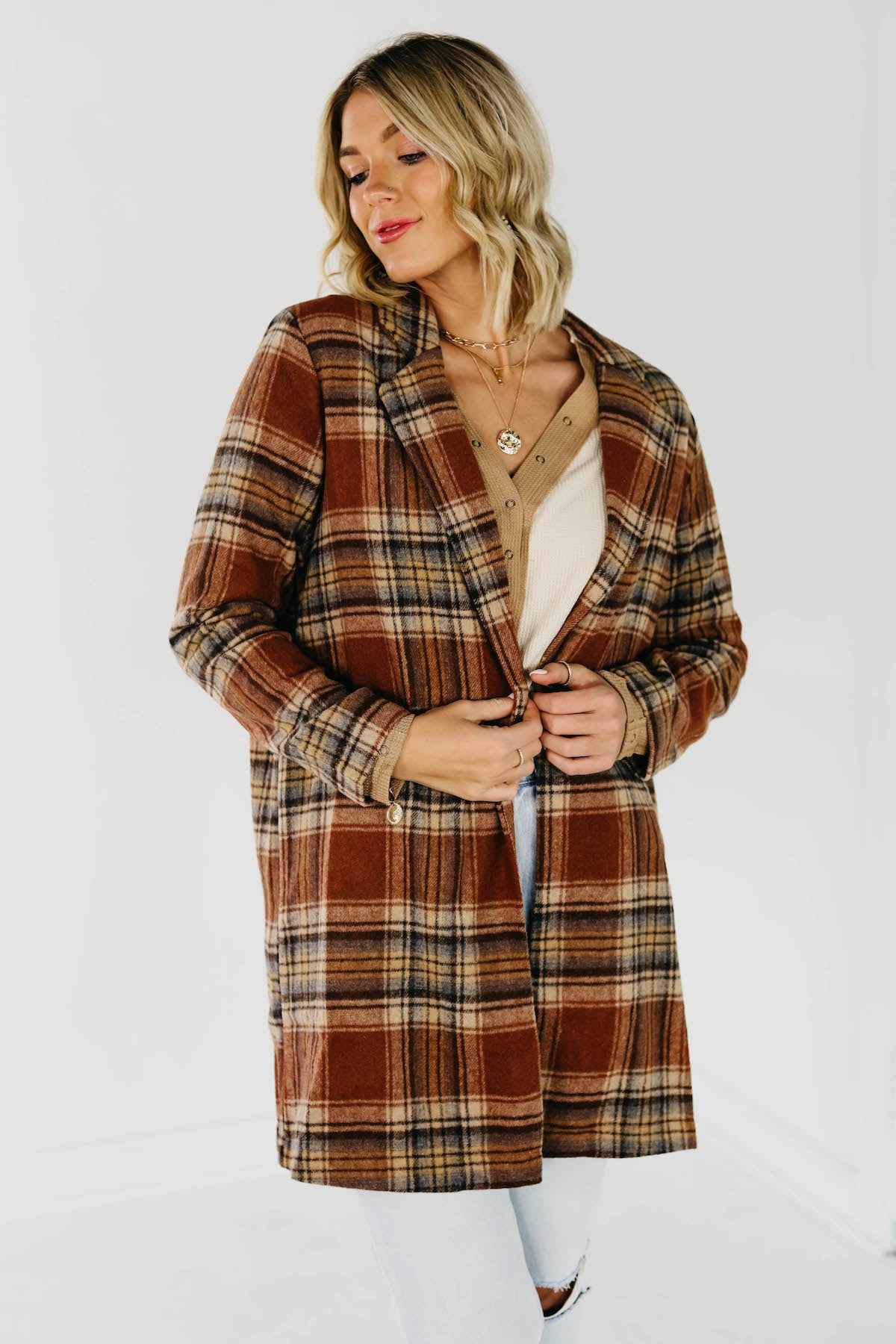 The Shayla Longline Plaid Blazer Coat