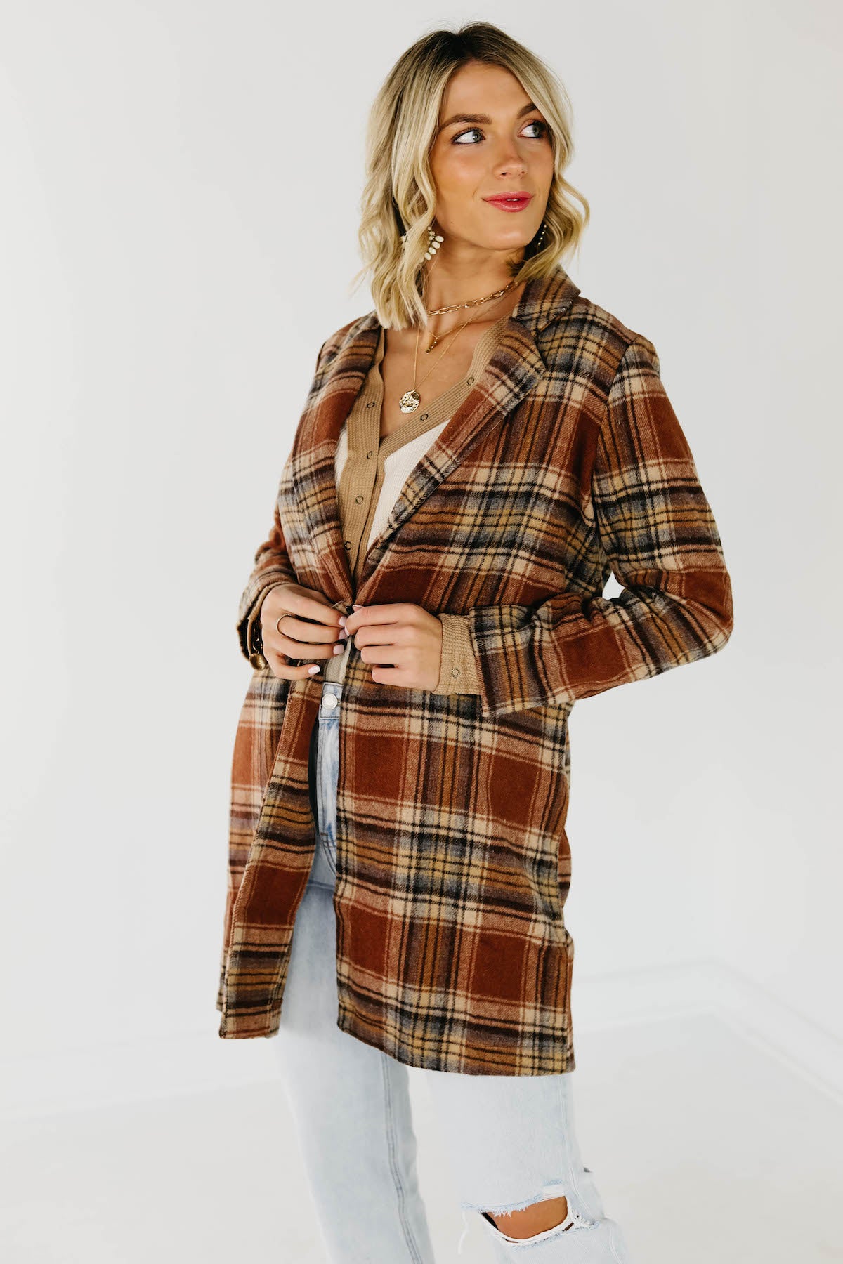The Shayla Longline Plaid Blazer Coat