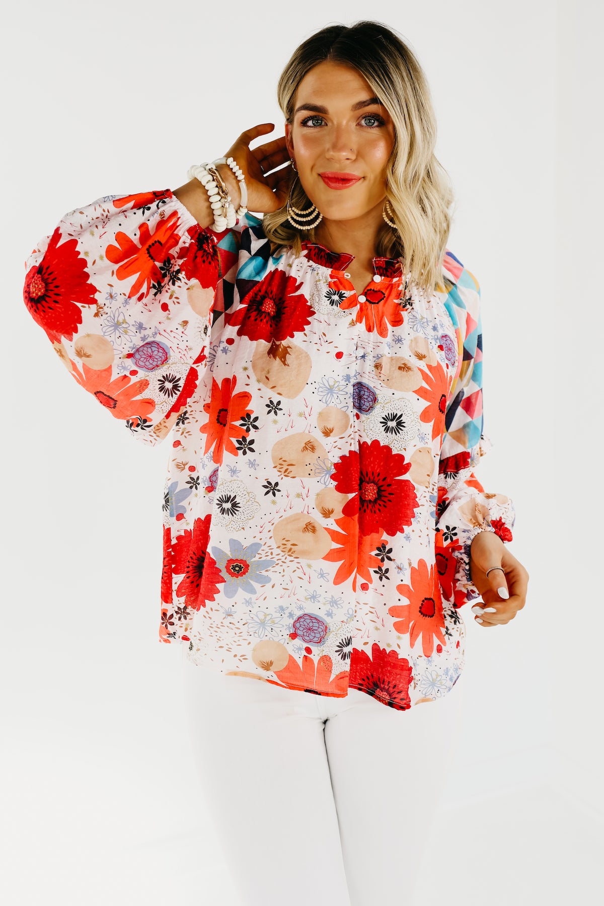 The Haven Mix Print Floral Henley Blouse - FINAL SALE