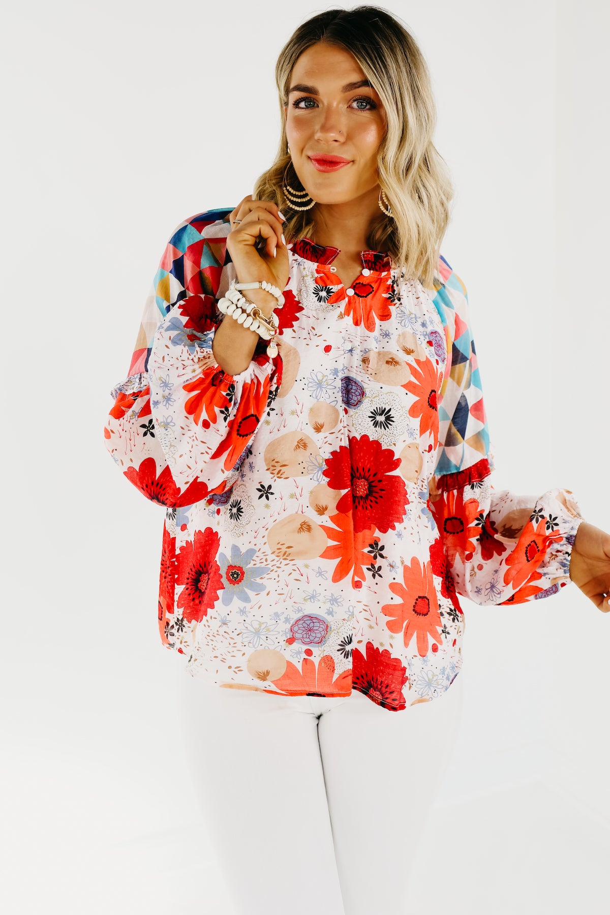 The Haven Mix Print Floral Henley Blouse - FINAL SALE