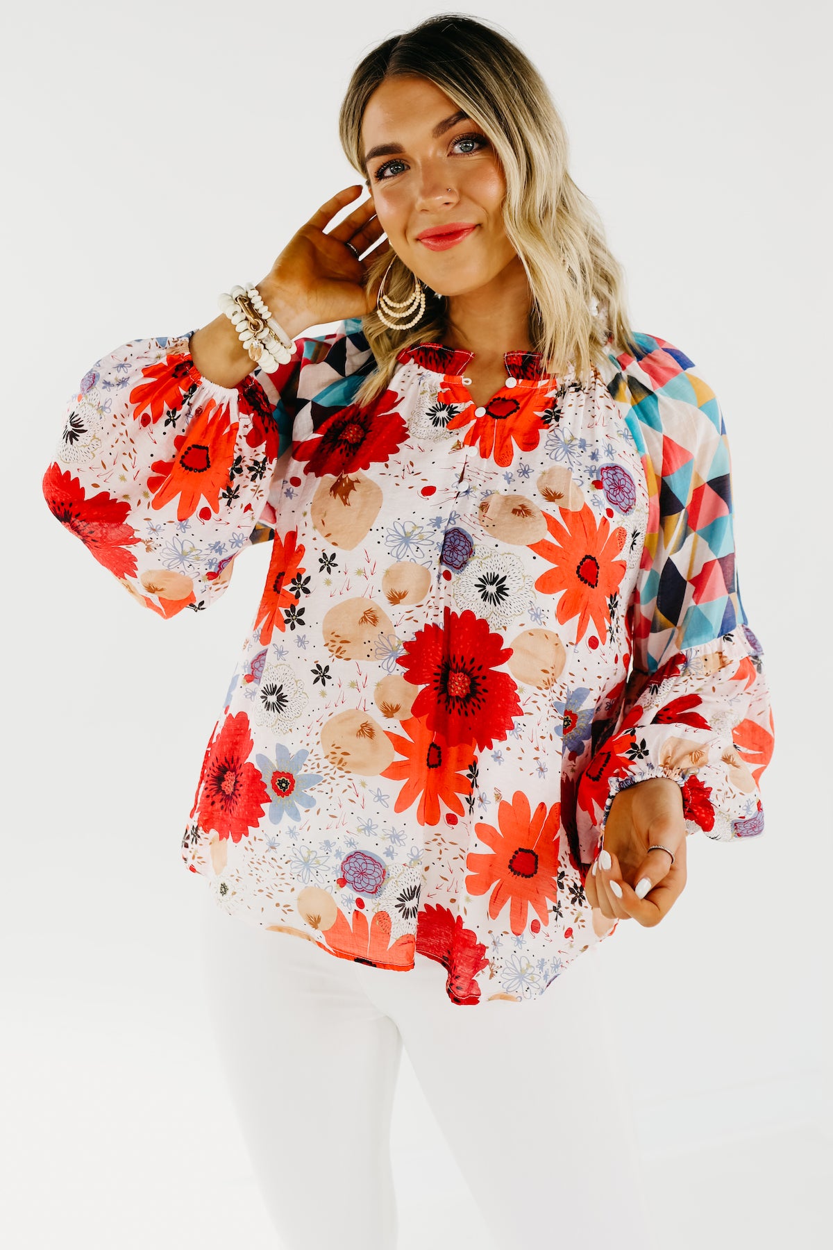 The Haven Mix Print Floral Henley Blouse - FINAL SALE