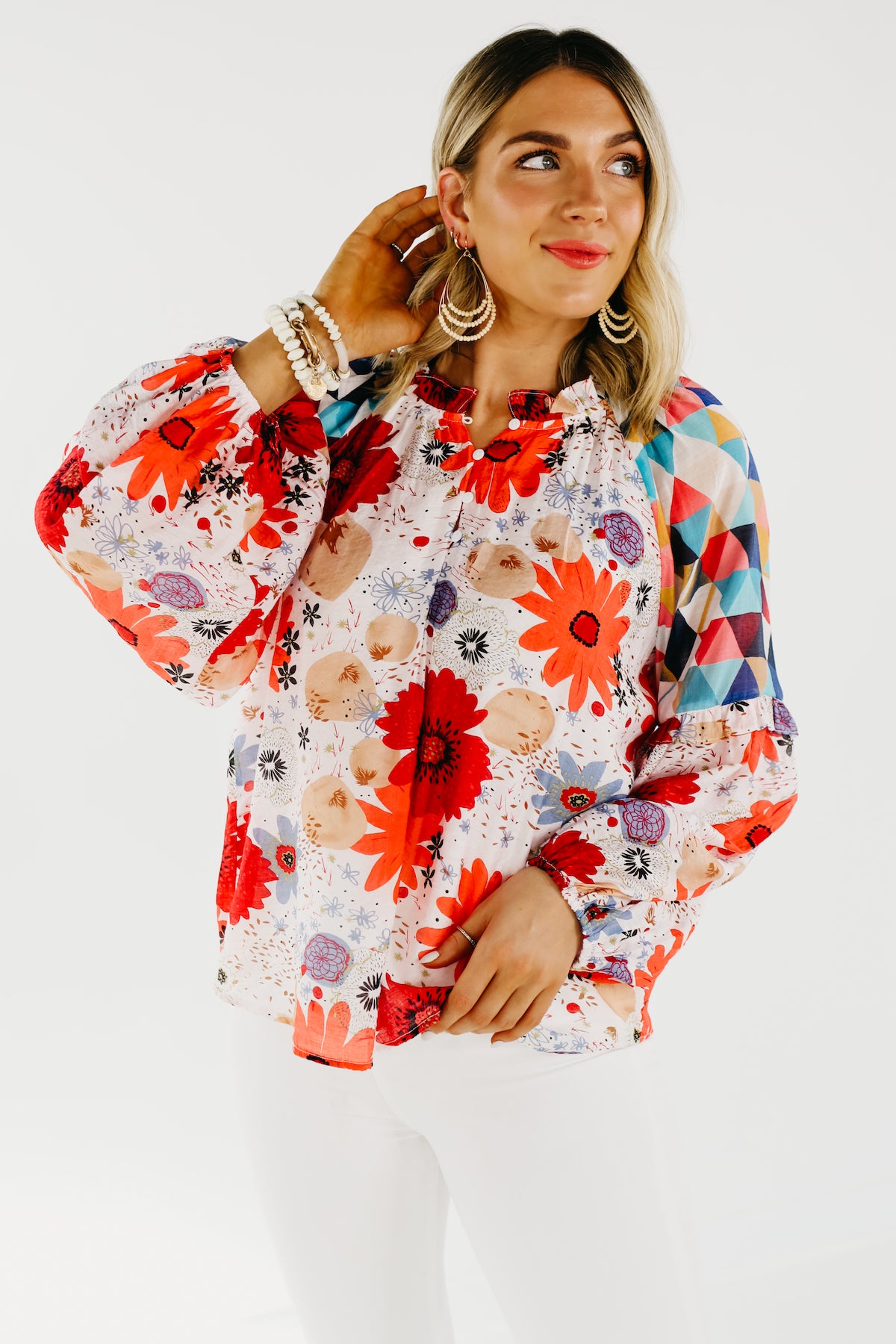 The Haven Mix Print Floral Henley Blouse - FINAL SALE