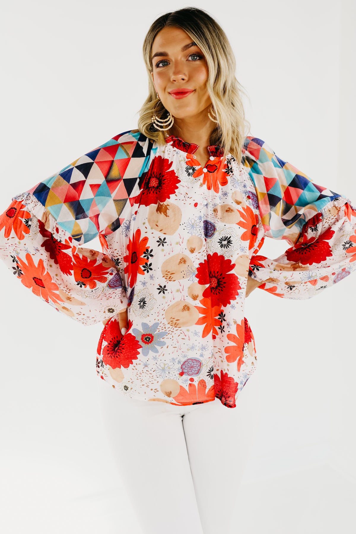 The Haven Mix Print Floral Henley Blouse - FINAL SALE