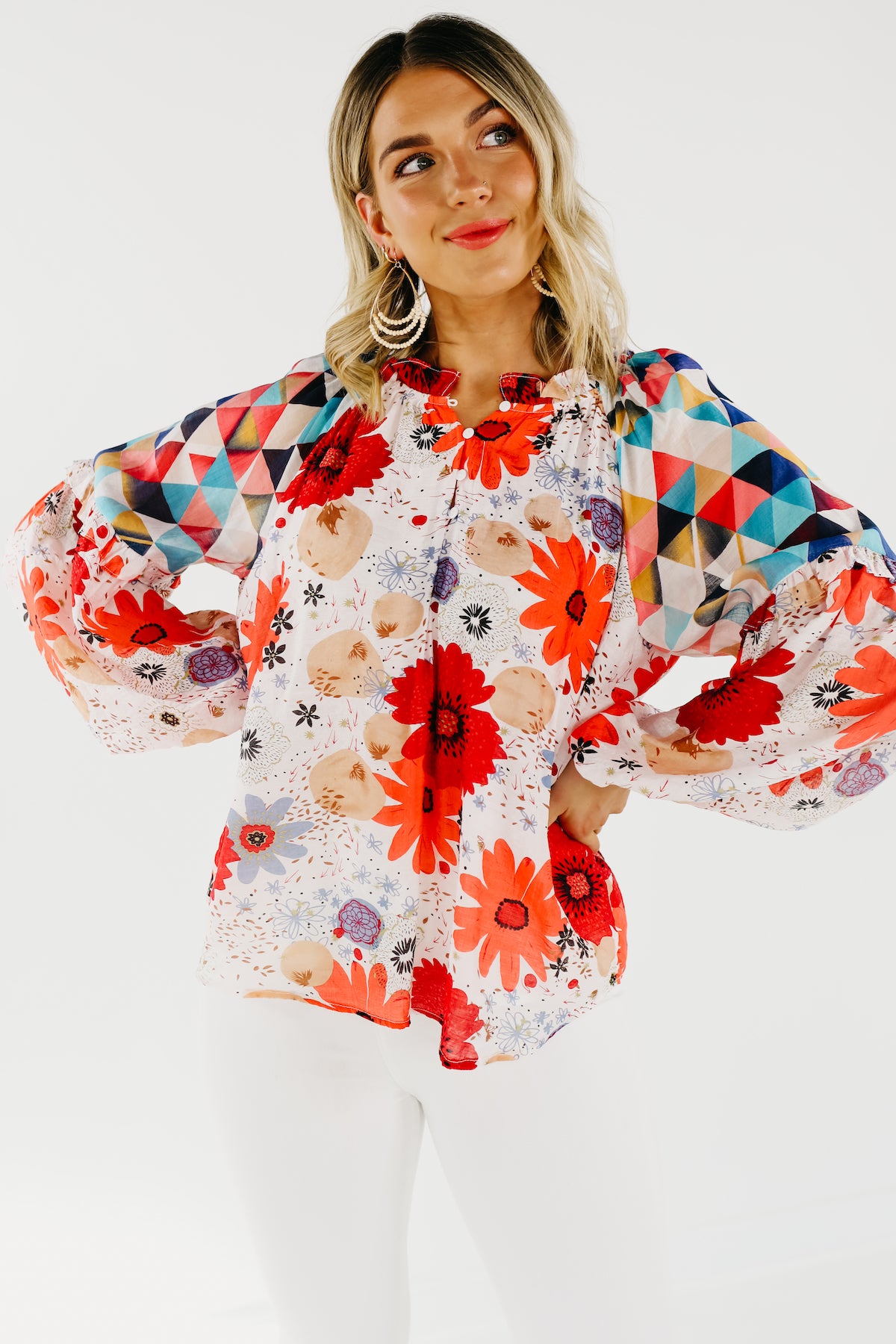 The Haven Mix Print Floral Henley Blouse - FINAL SALE