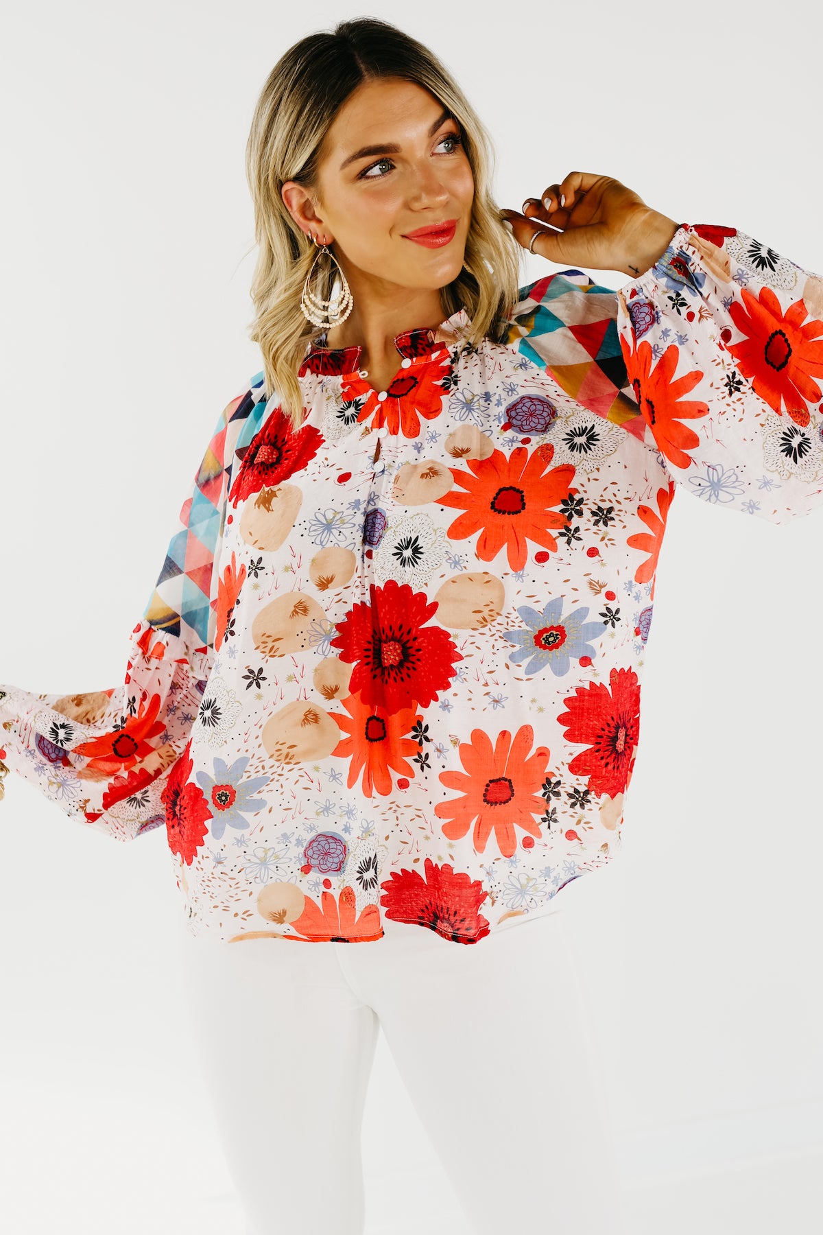 The Haven Mix Print Floral Henley Blouse - FINAL SALE