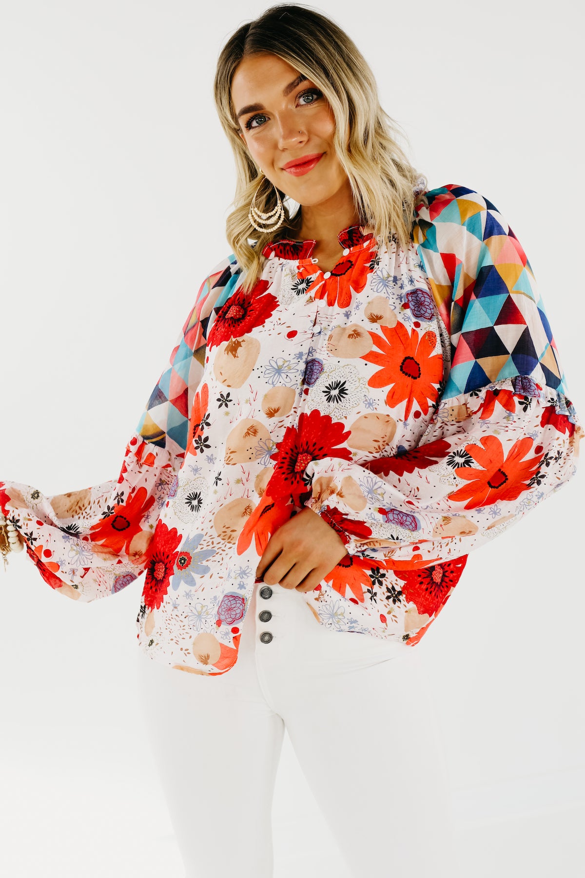 The Haven Mix Print Floral Henley Blouse - FINAL SALE