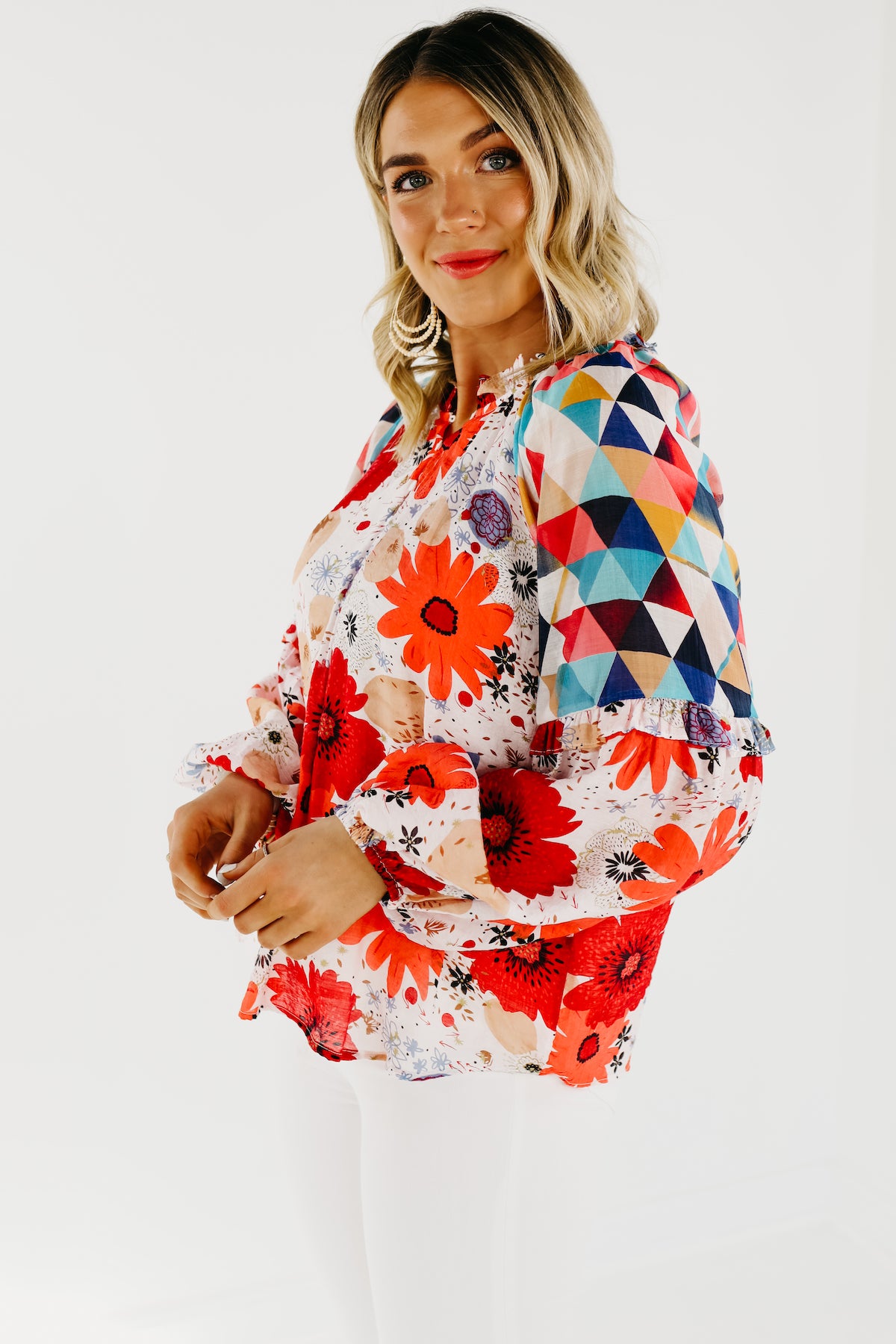 The Haven Mix Print Floral Henley Blouse - FINAL SALE