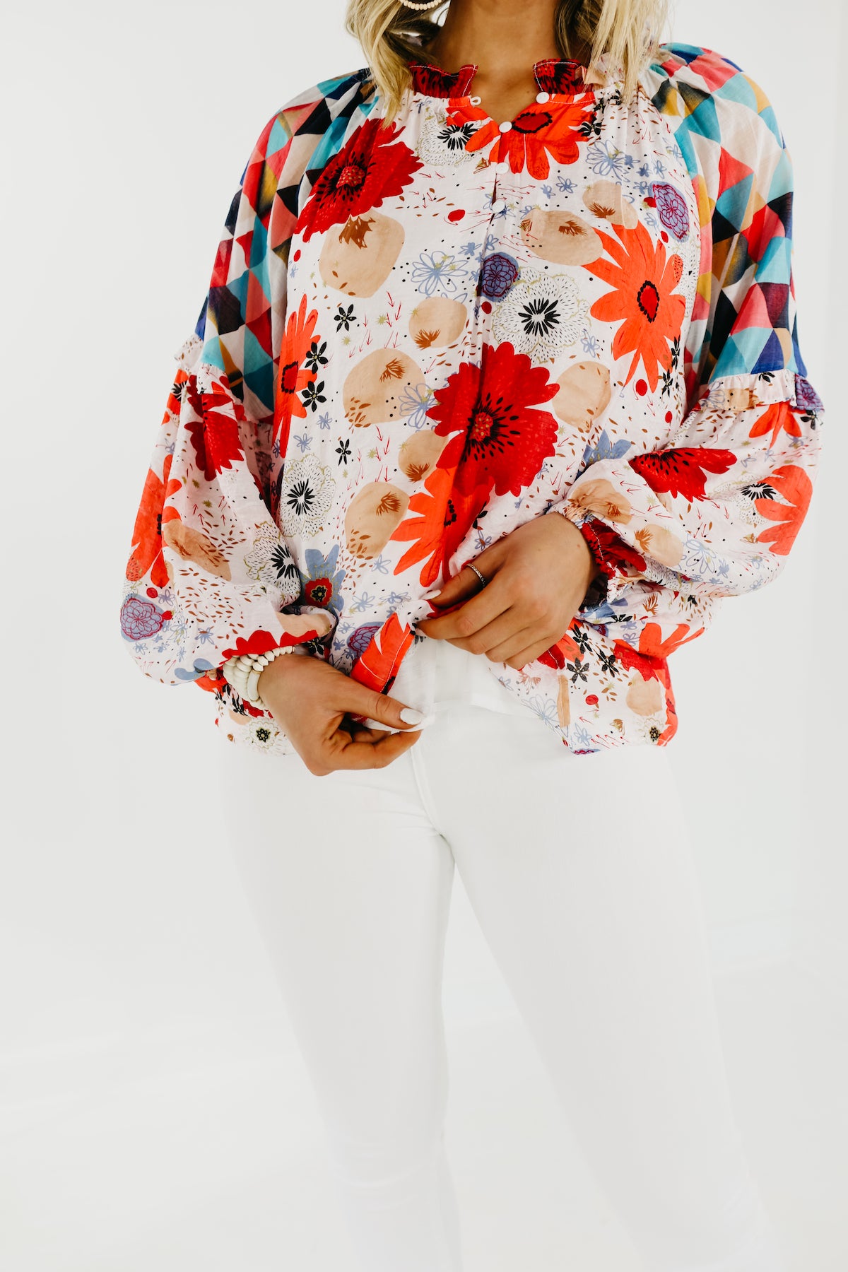 The Haven Mix Print Floral Henley Blouse - FINAL SALE