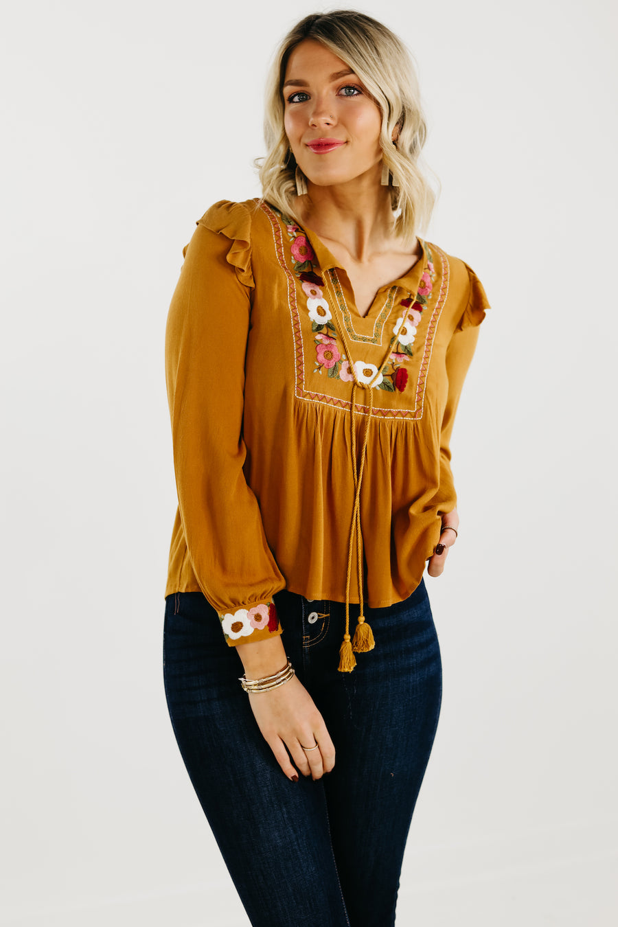 The Rebecca Embroidered Top - Mustard