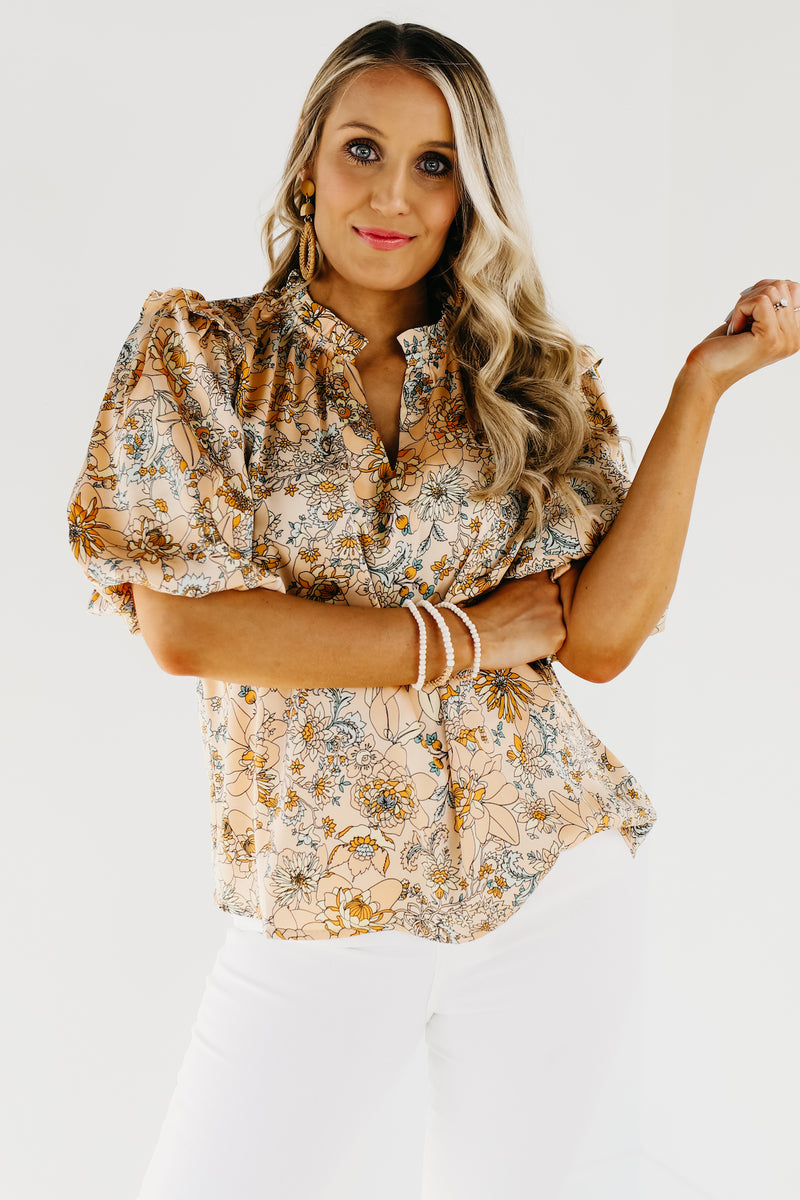 Flowy airy blouse with puffed sleeves in printed viscose