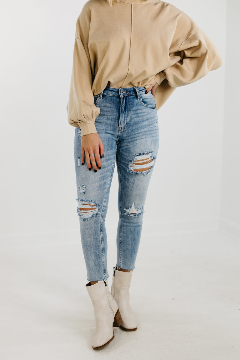 RISEN Denim | The Avery Distressed High Rise Skinny Denim