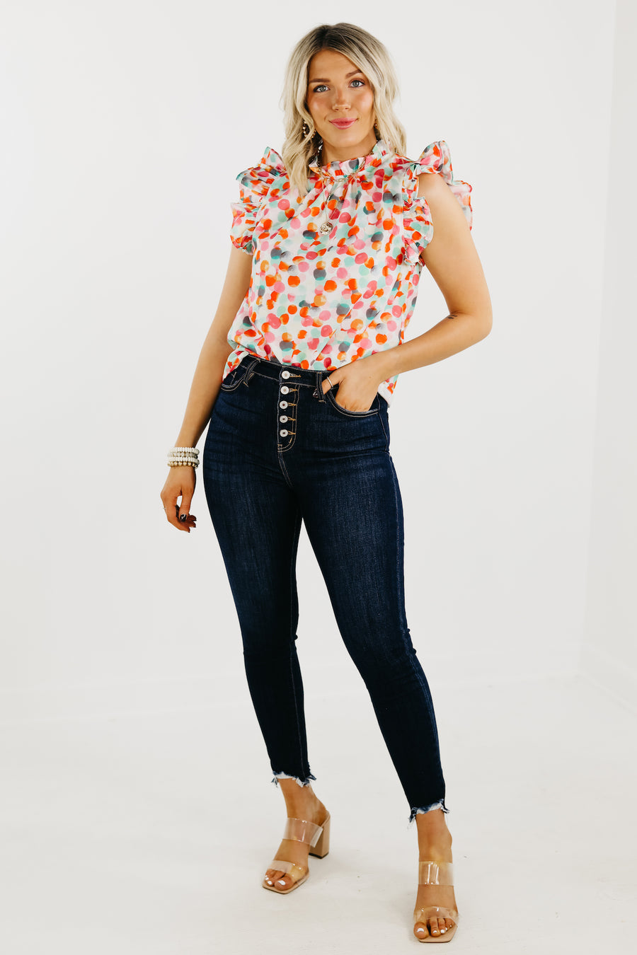 The Marjorie Ruffle Sleeve Dot Blouse - FINAL SALE