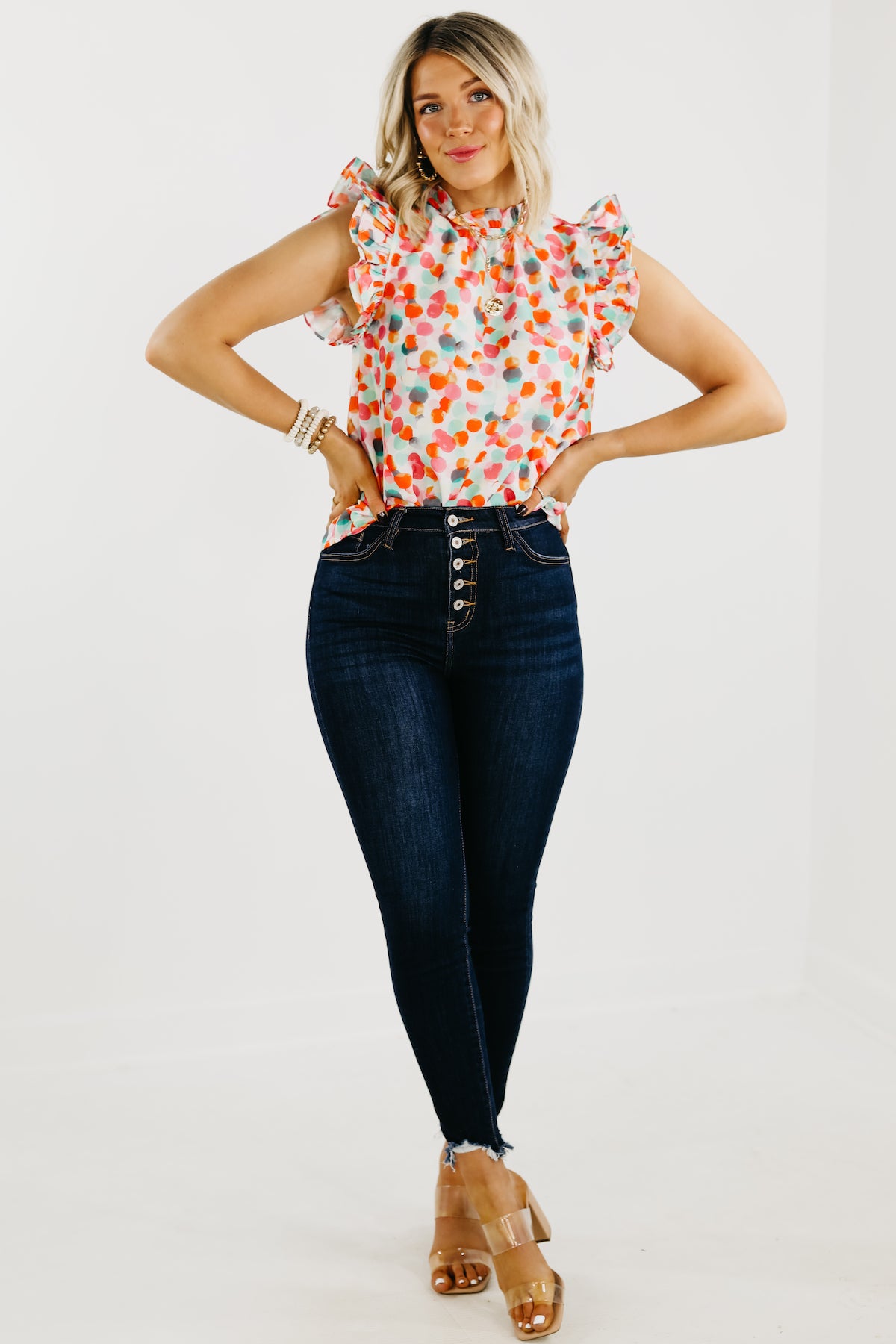 The Marjorie Ruffle Sleeve Dot Blouse - FINAL SALE