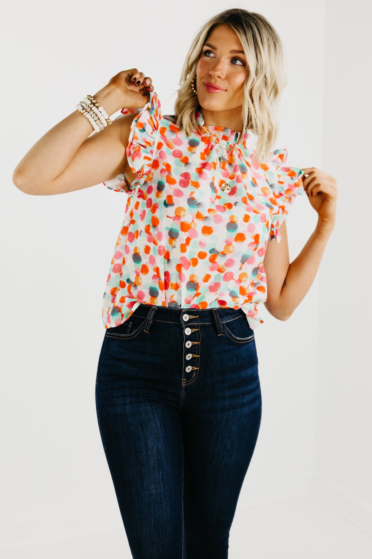 The Marjorie Ruffle Sleeve Dot Blouse - FINAL SALE