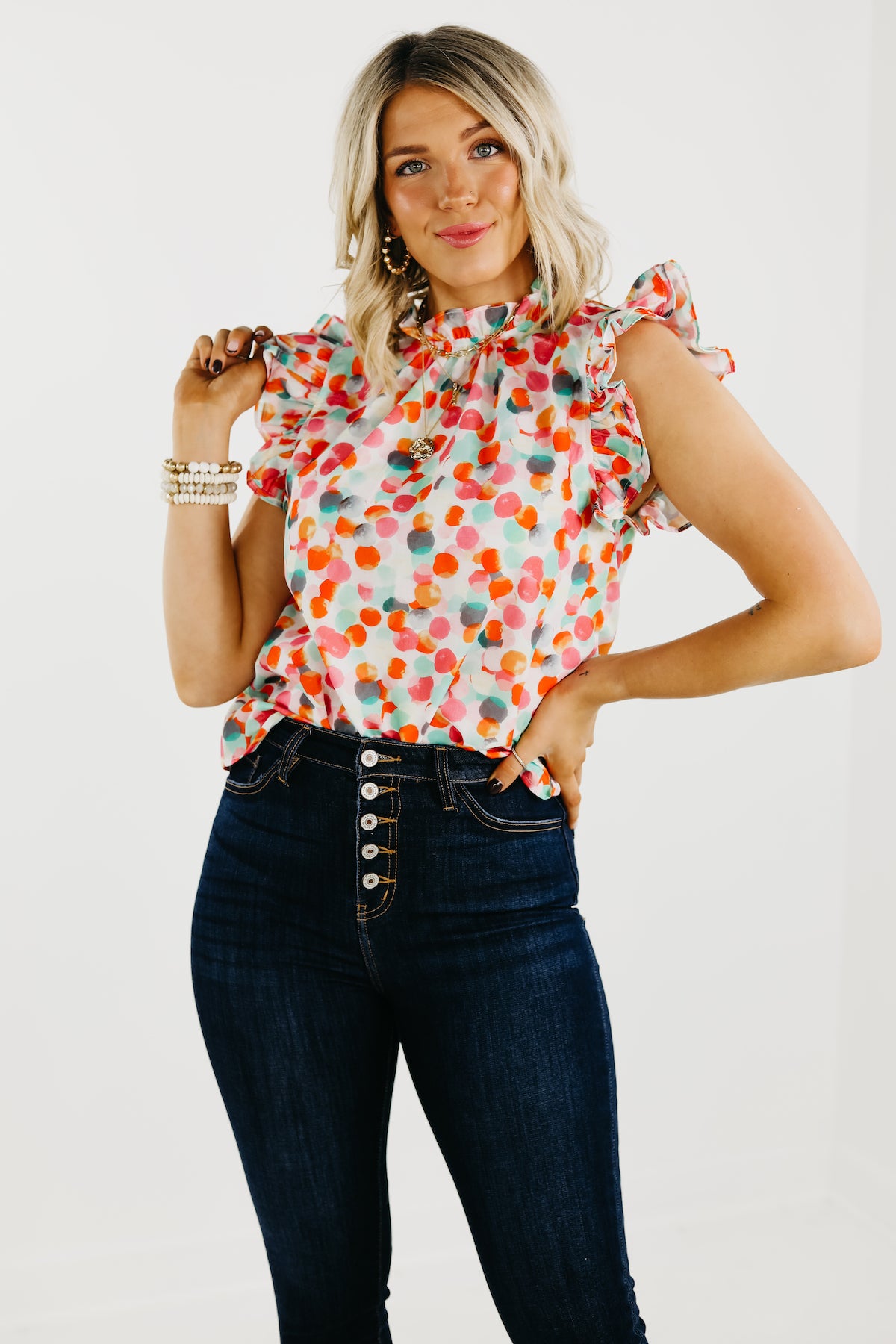 The Marjorie Ruffle Sleeve Dot Blouse - FINAL SALE