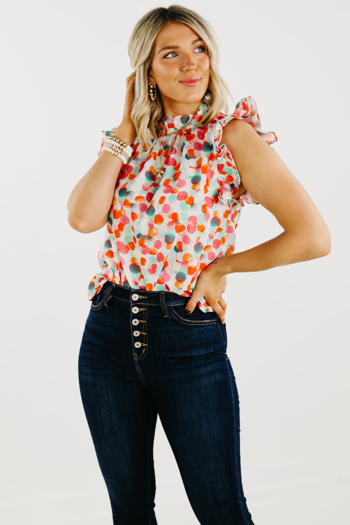 The Marjorie Ruffle Sleeve Dot Blouse - FINAL SALE