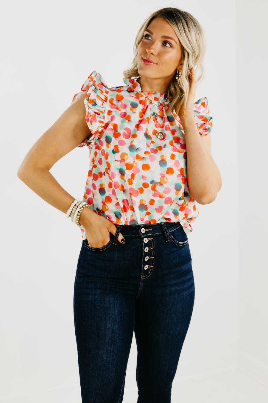 The Marjorie Ruffle Sleeve Dot Blouse - FINAL SALE