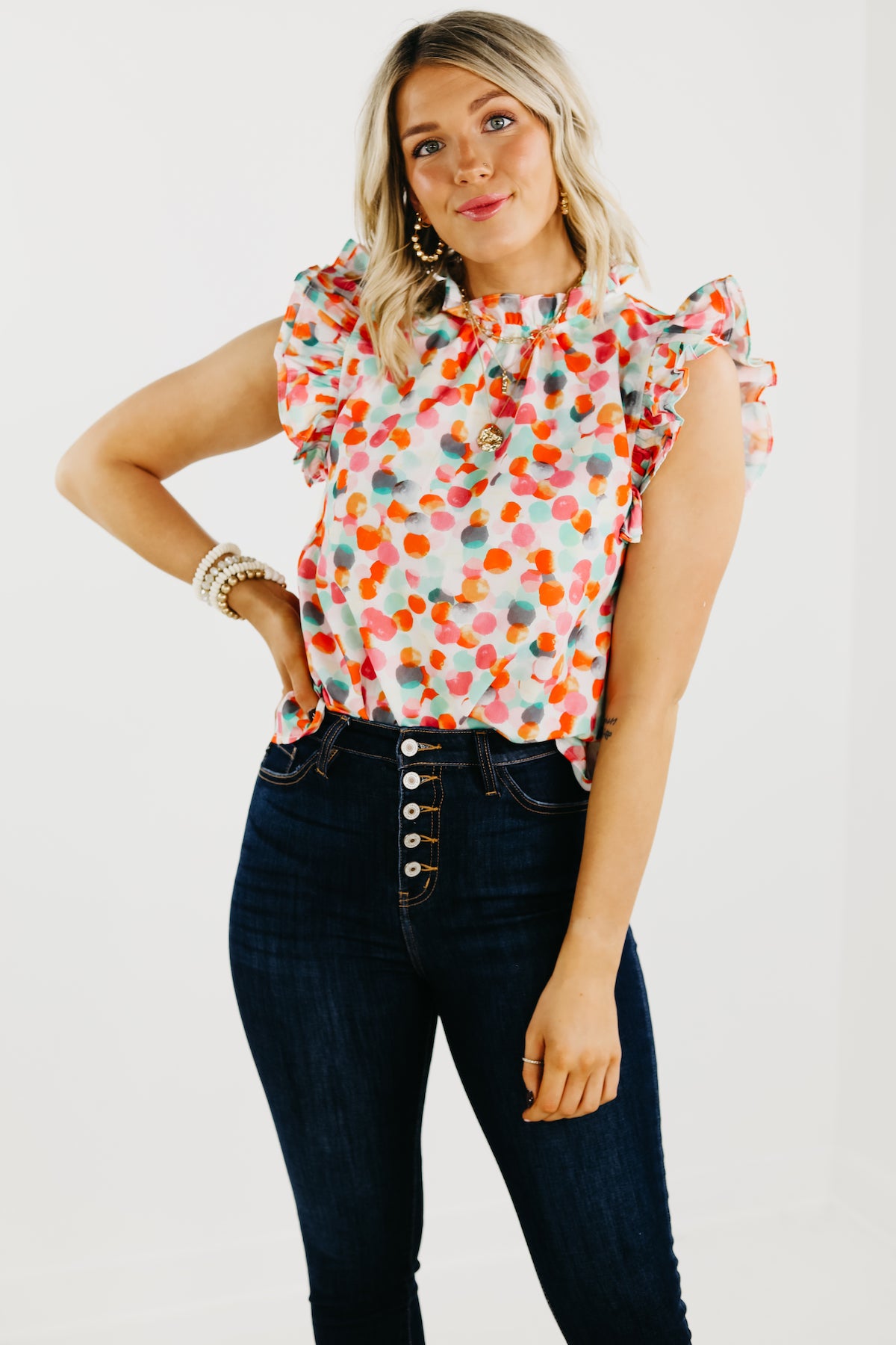 The Marjorie Ruffle Sleeve Dot Blouse - FINAL SALE