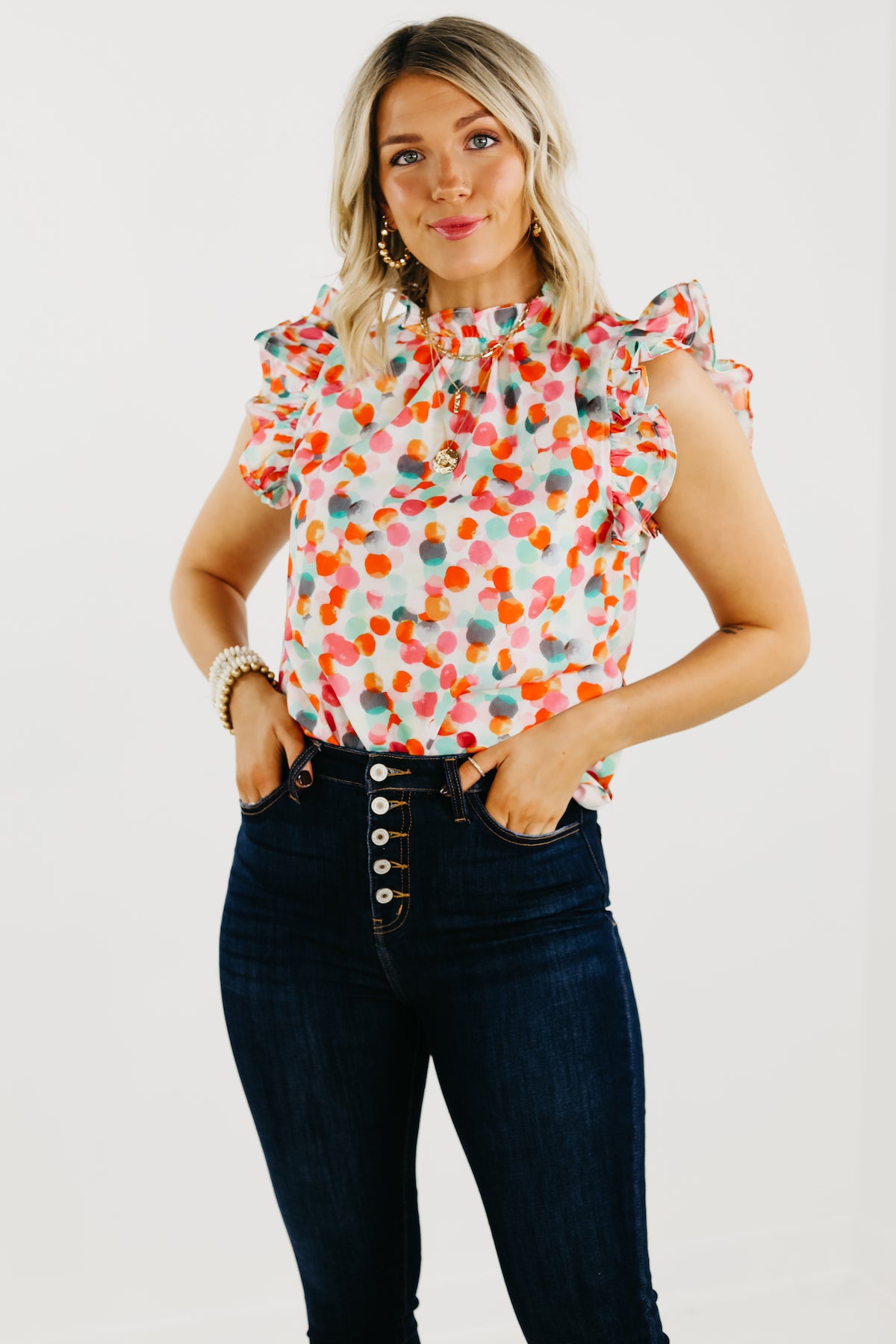 The Marjorie Ruffle Sleeve Dot Blouse - FINAL SALE