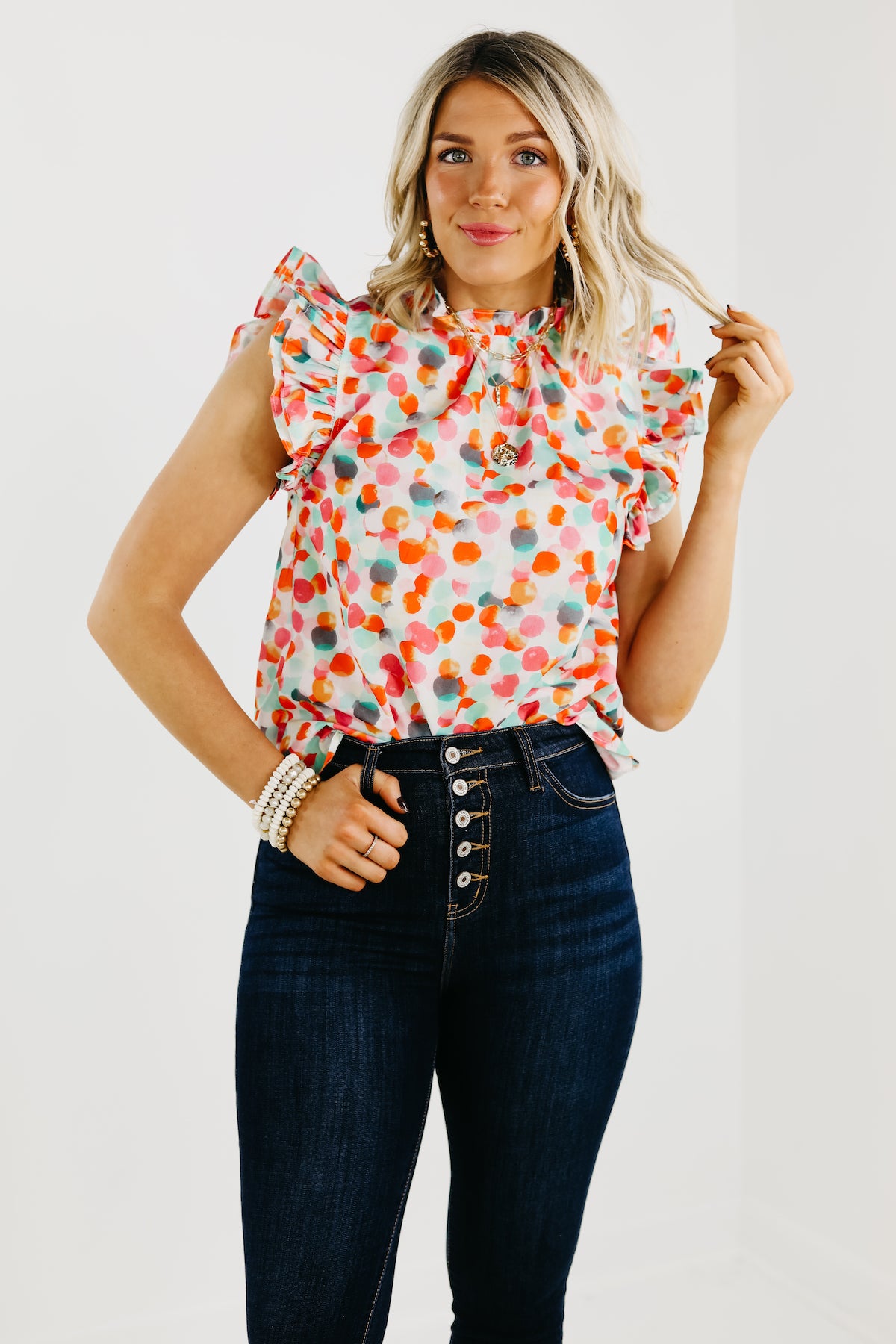 The Marjorie Ruffle Sleeve Dot Blouse - FINAL SALE