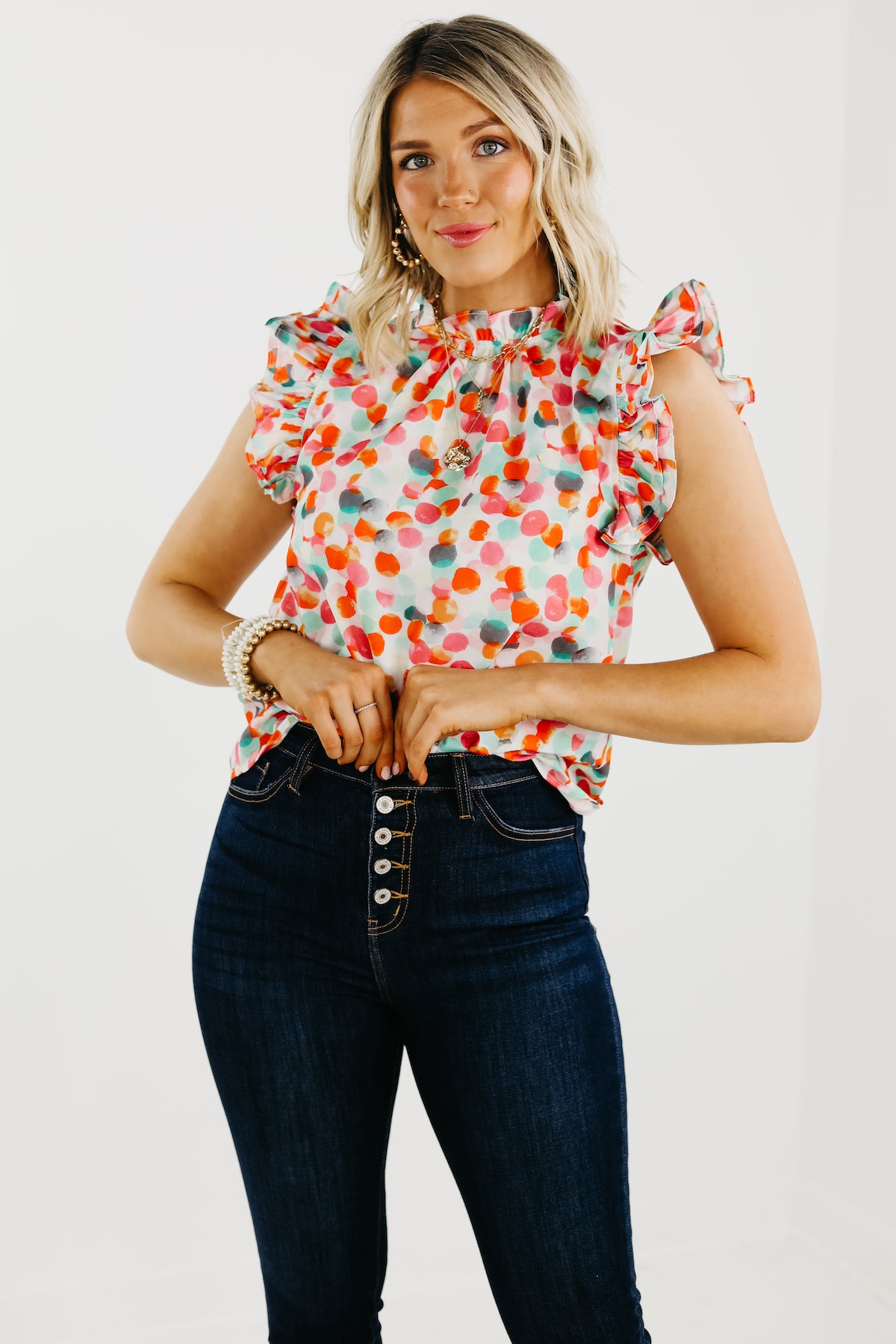 The Marjorie Ruffle Sleeve Dot Blouse - FINAL SALE