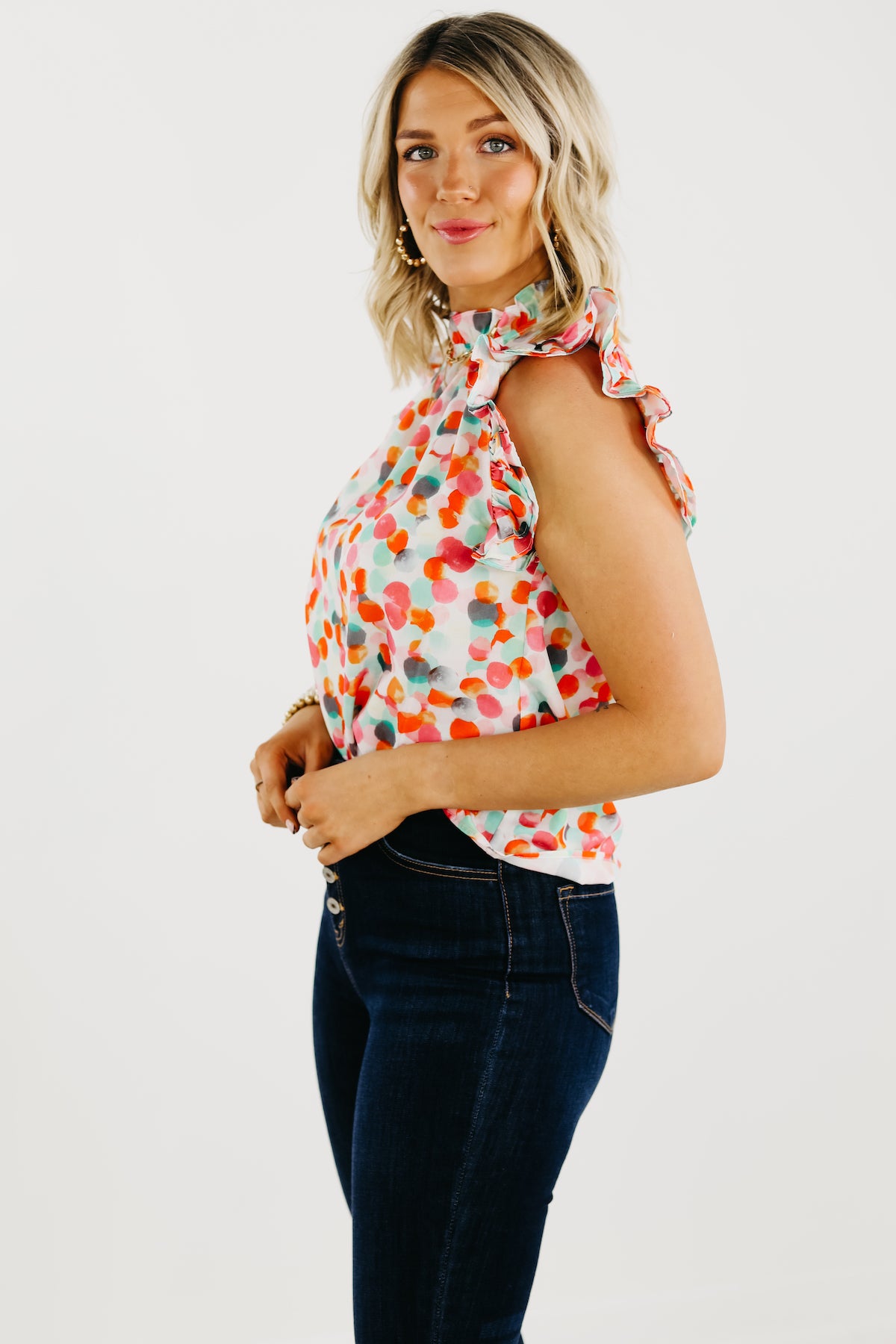 The Marjorie Ruffle Sleeve Dot Blouse - FINAL SALE