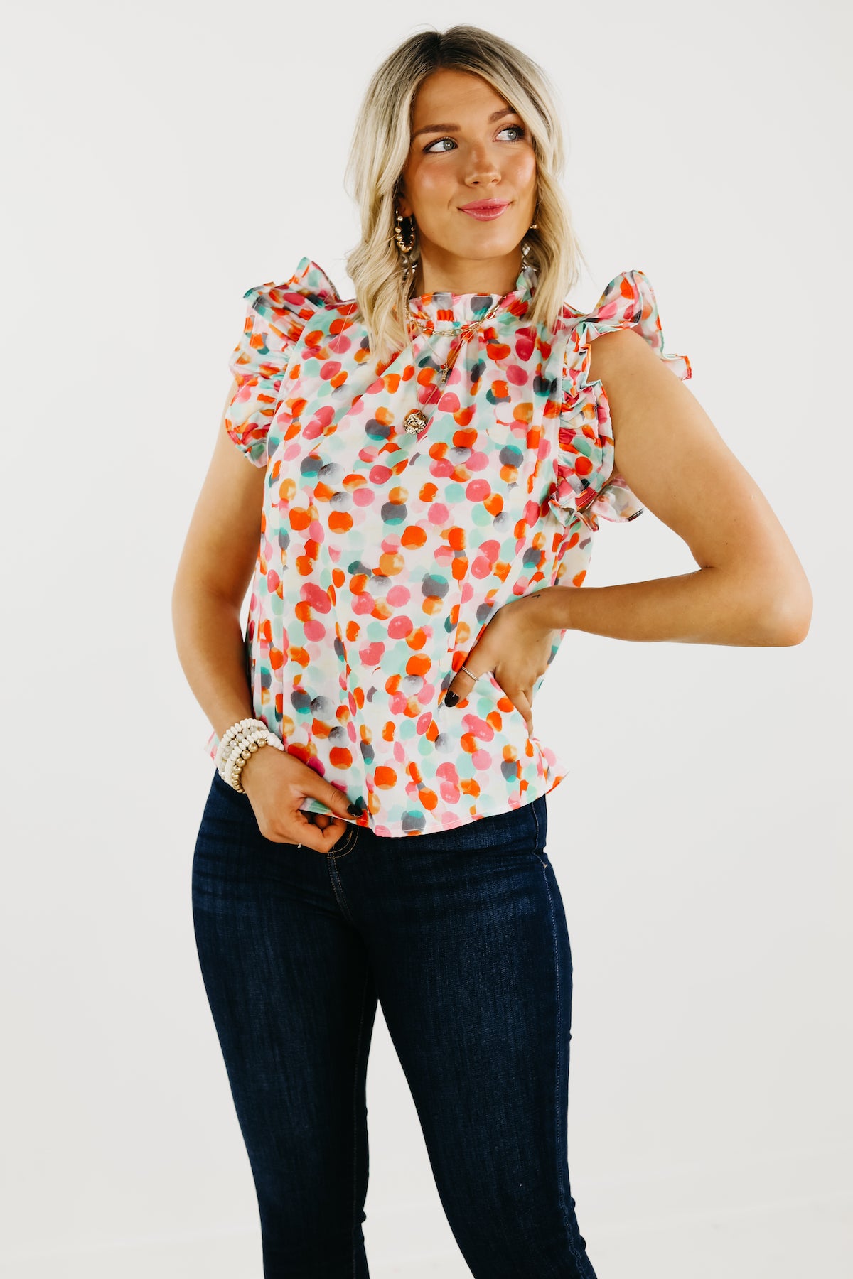 The Marjorie Ruffle Sleeve Dot Blouse - FINAL SALE