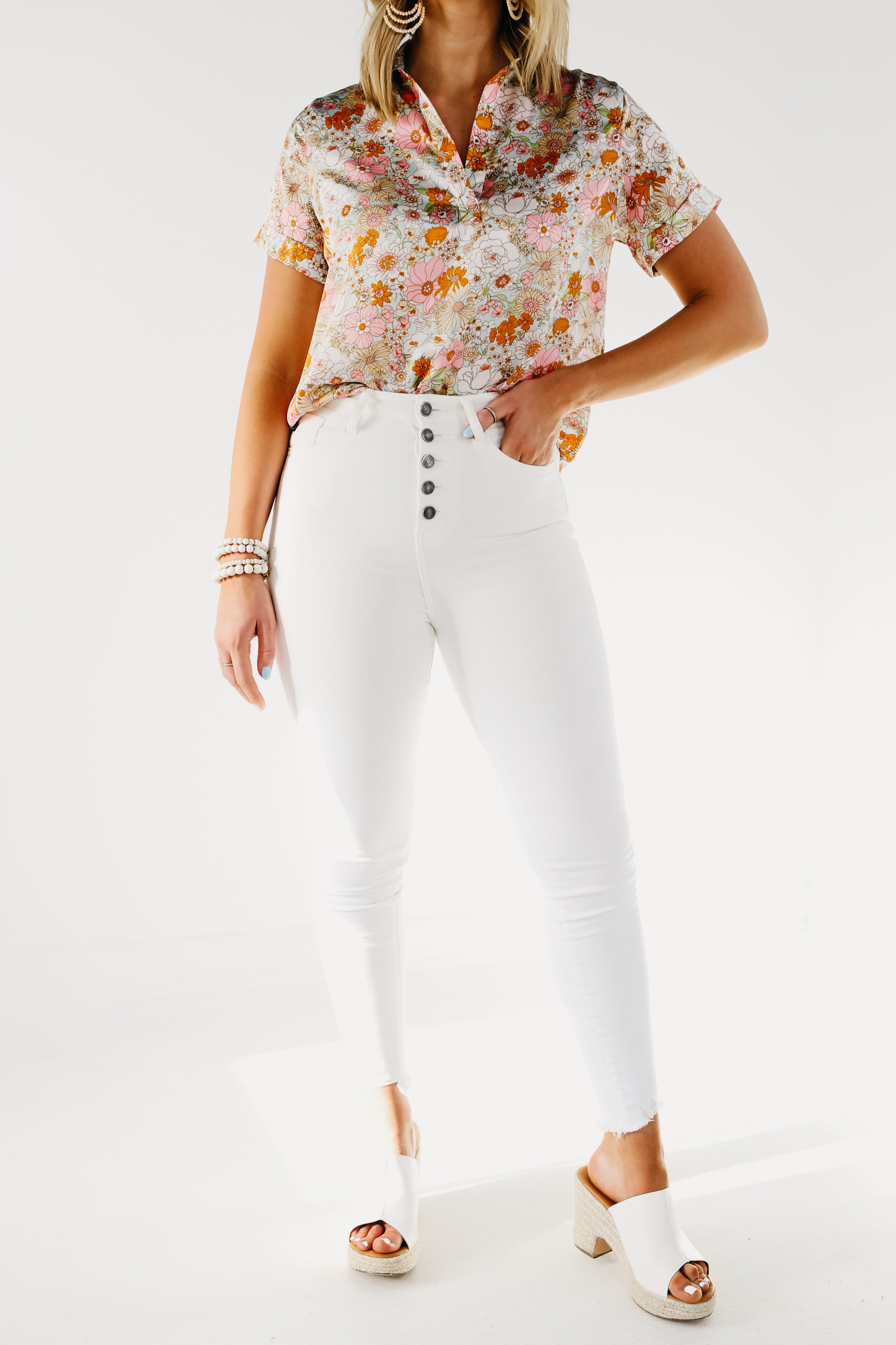 Kan Can 11 inch Button Front High Rise Skinny - KC7273WT