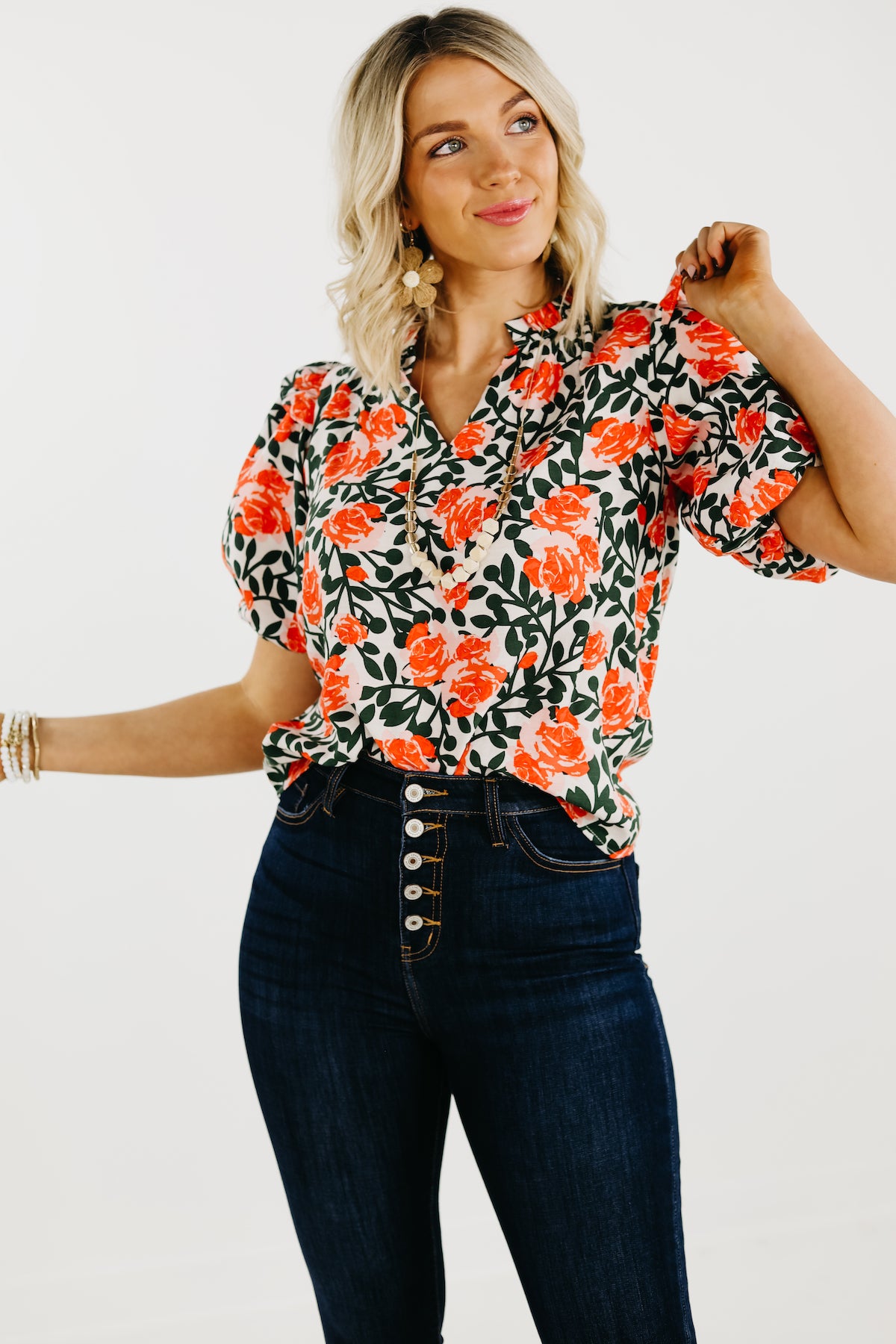orange flower blouse