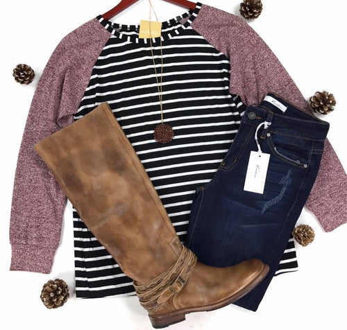 black stripe/burgundy sleeve top - MOD Boutique
