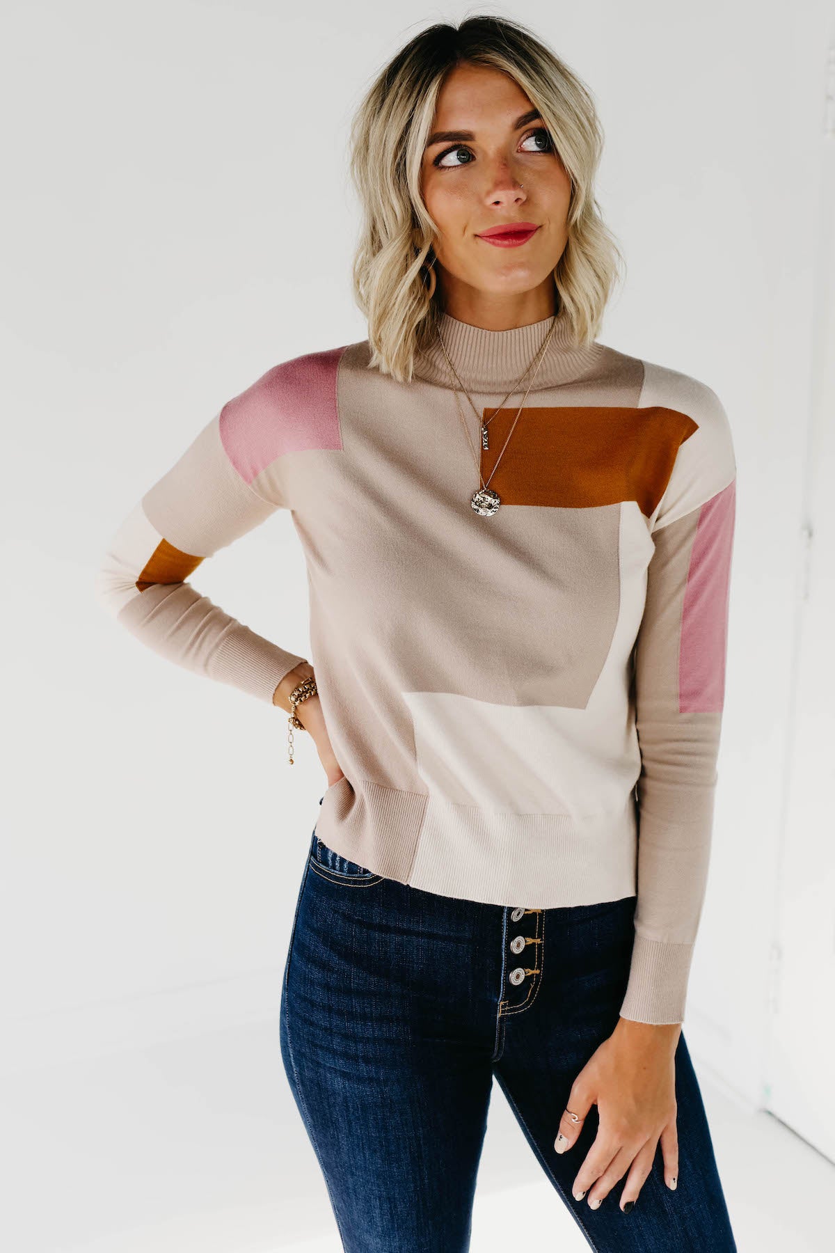 (MOD Exclusive) The Shai Mock Neck Sweater - Camel Multi