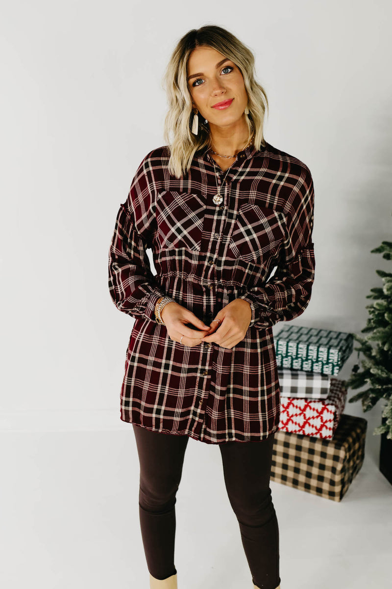 The Brady Plaid Shirt Dress - Burgundy