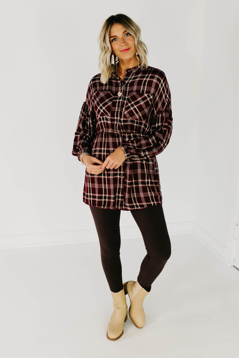 The Brady Plaid Shirt Dress - Burgundy