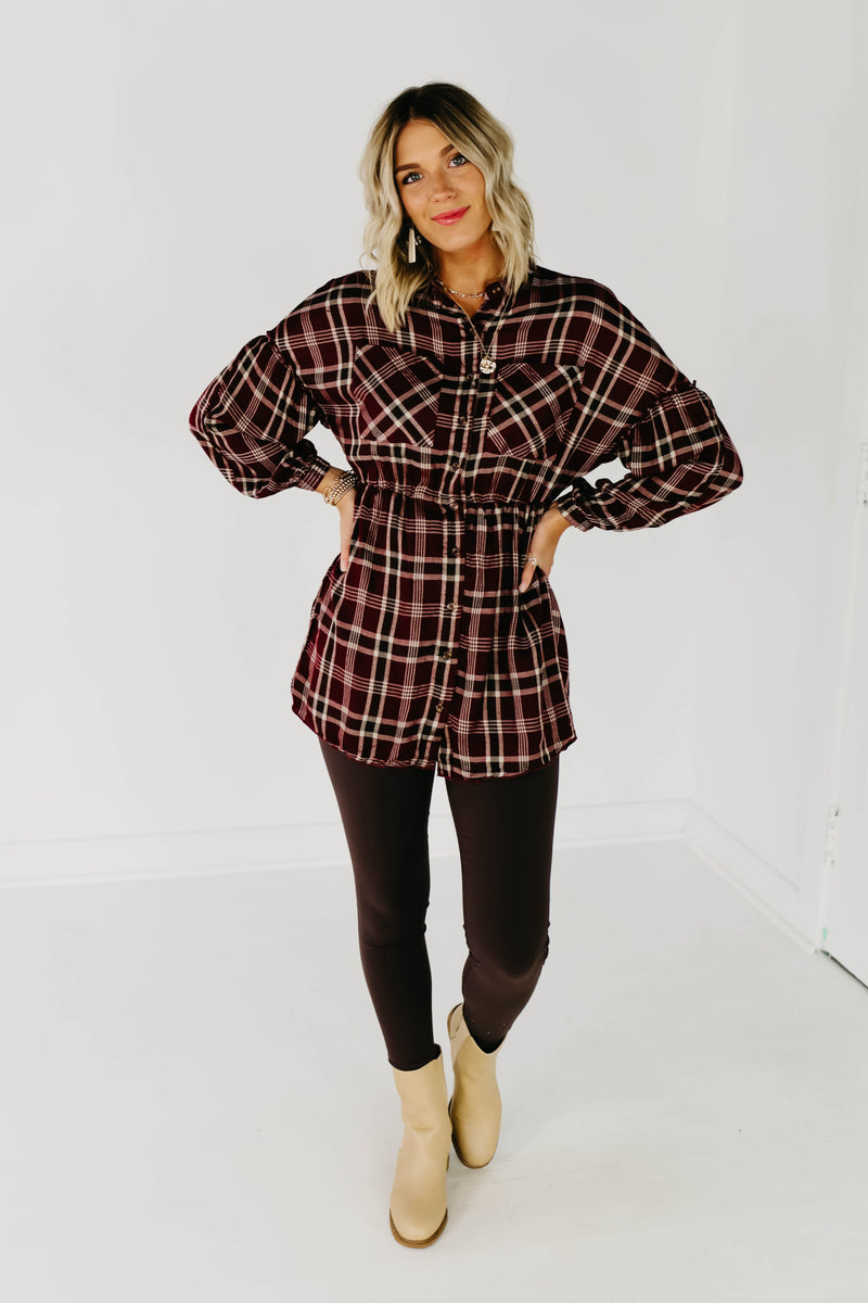 The Brady Plaid Shirt Dress - Burgundy