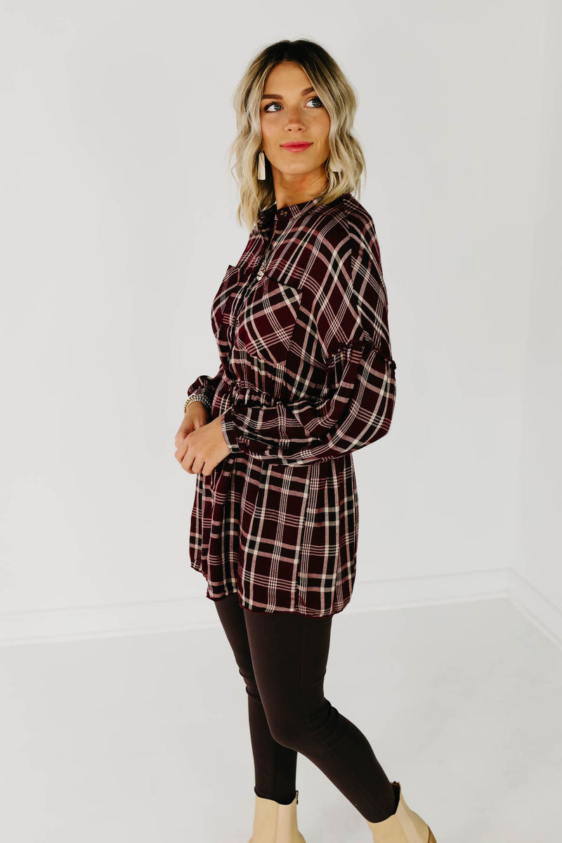 The Brady Plaid Shirt Dress - Burgundy
