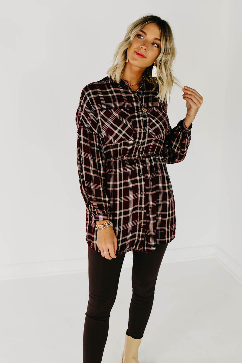 The Brady Plaid Shirt Dress - Burgundy