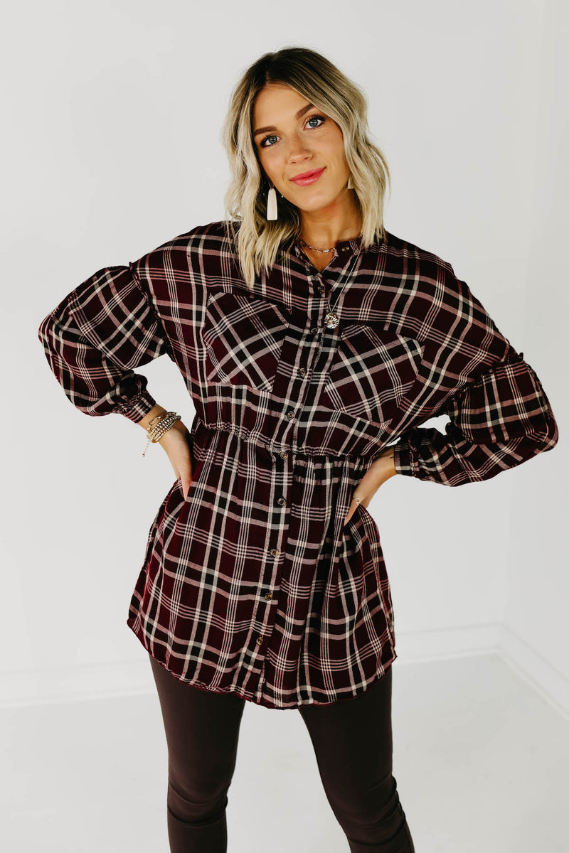 The Brady Plaid Shirt Dress - Burgundy