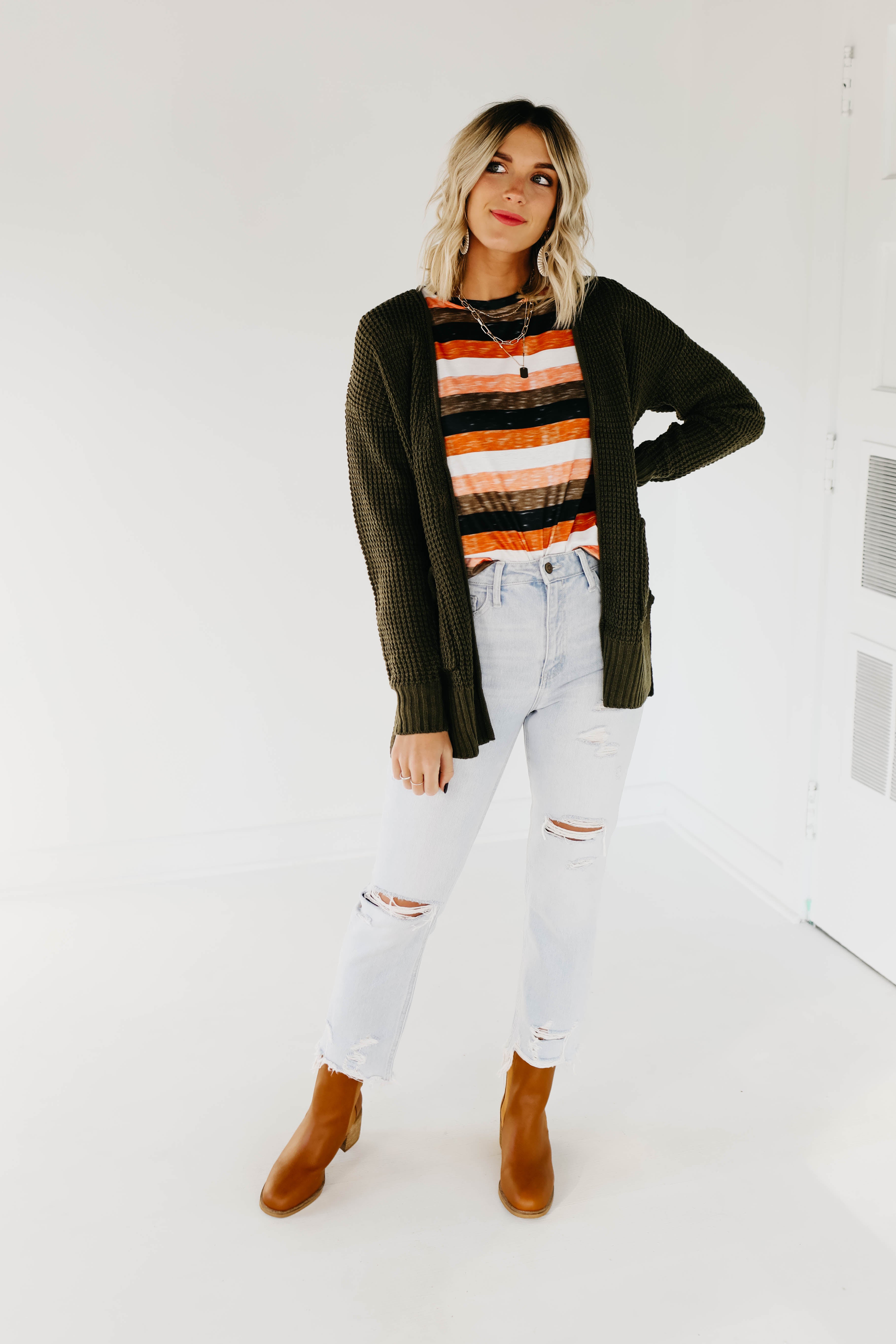 The Adele Waffle Cardigan - Dusty Olive