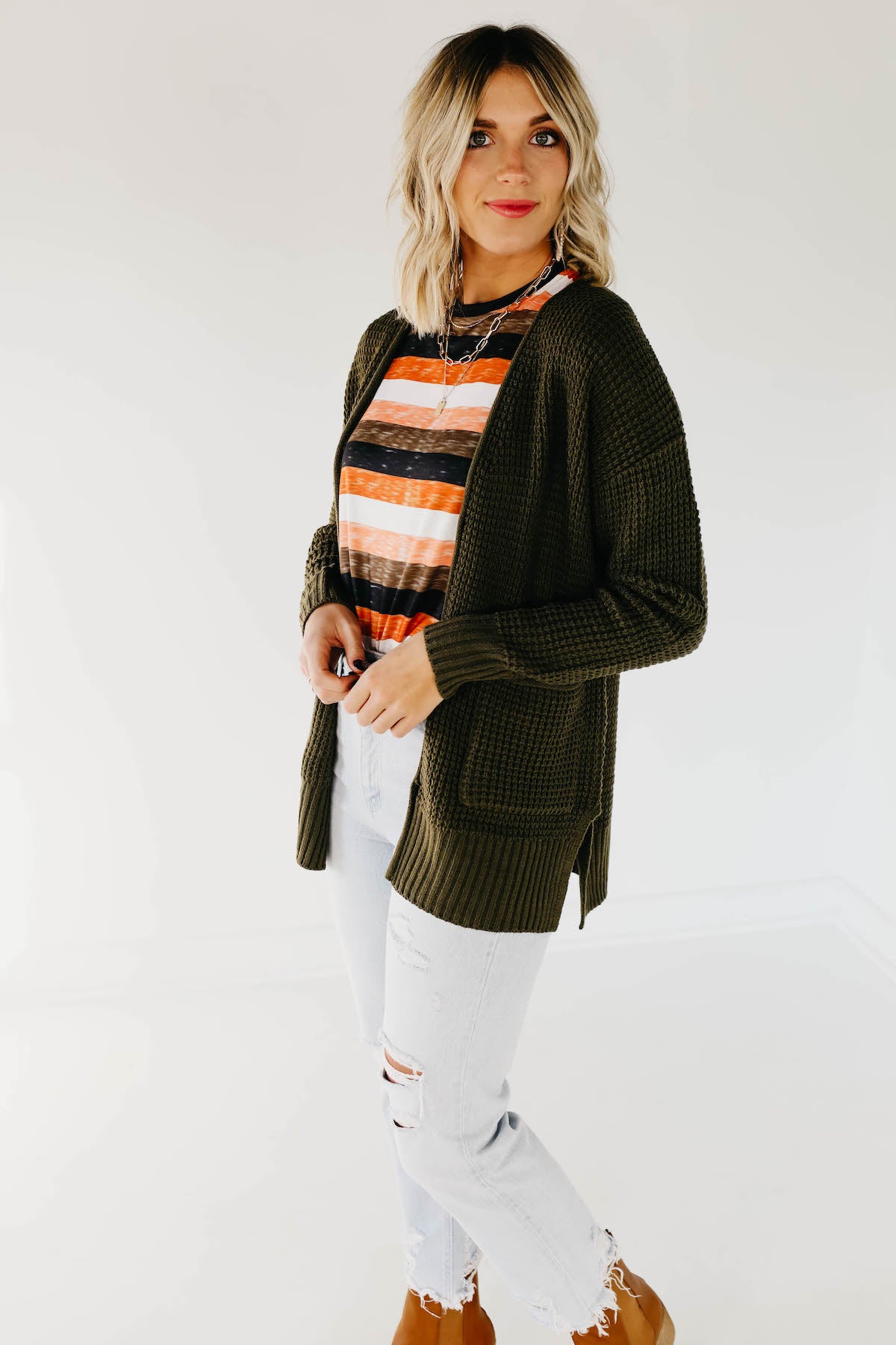 The Adele Waffle Cardigan - Dusty Olive