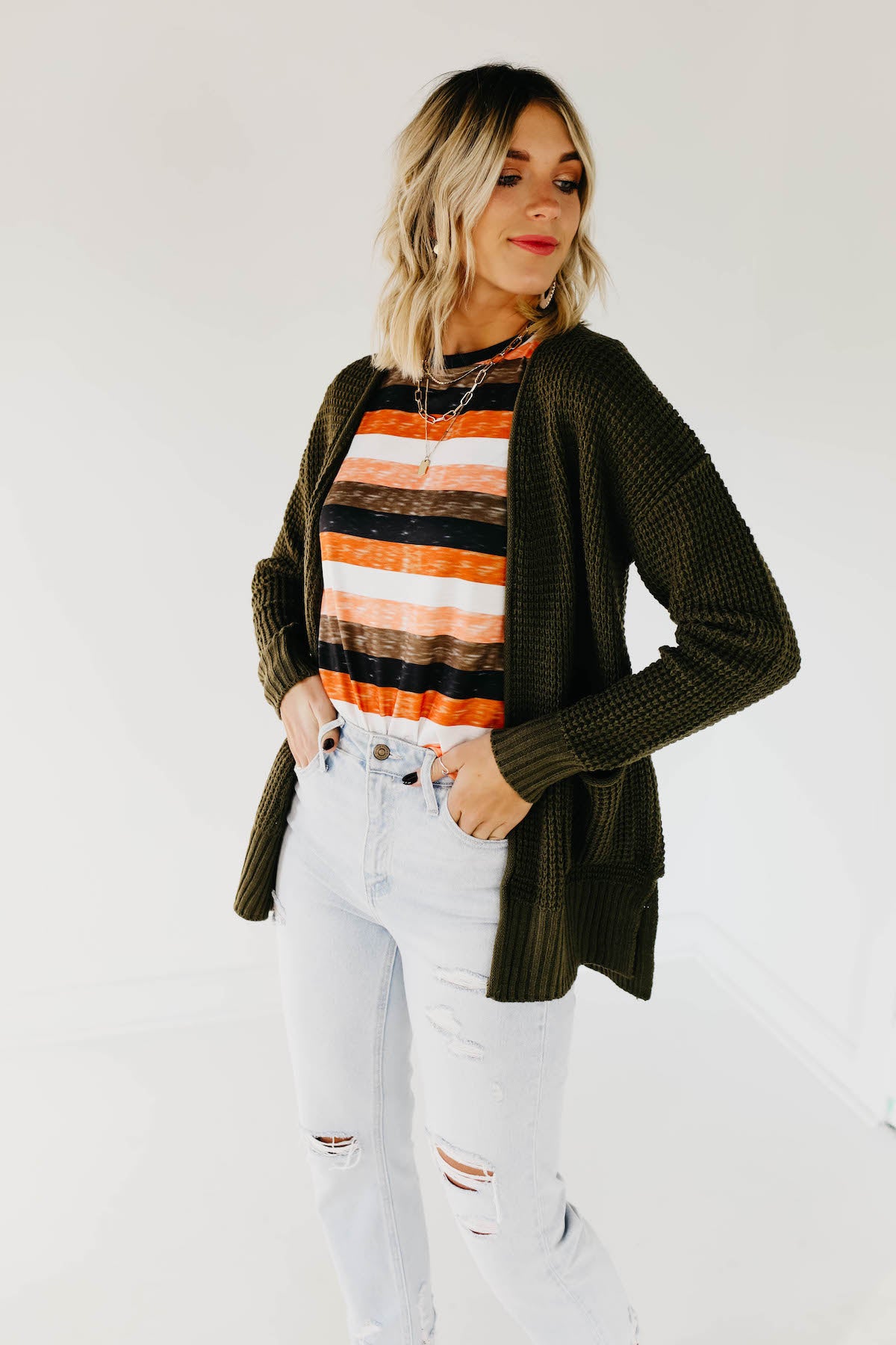 The Adele Waffle Cardigan - Dusty Olive