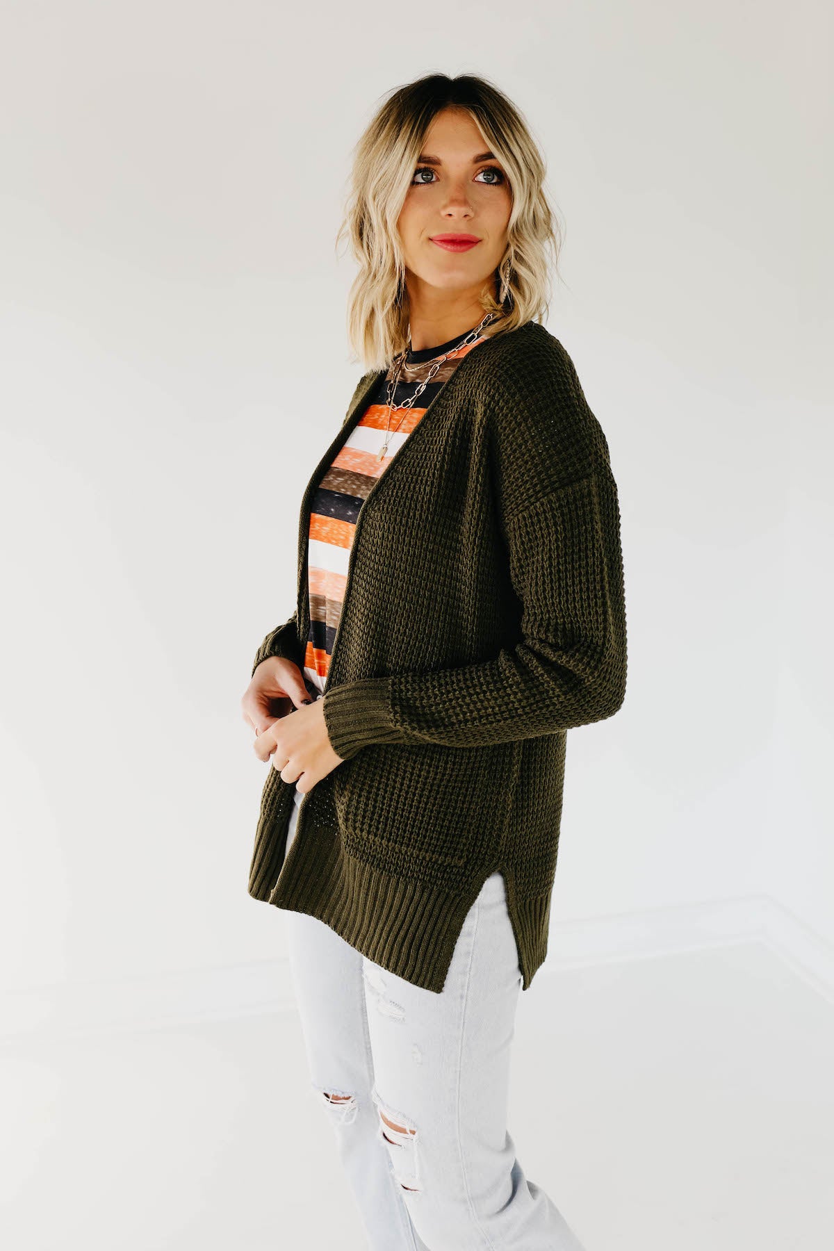 The Adele Waffle Cardigan - Dusty Olive